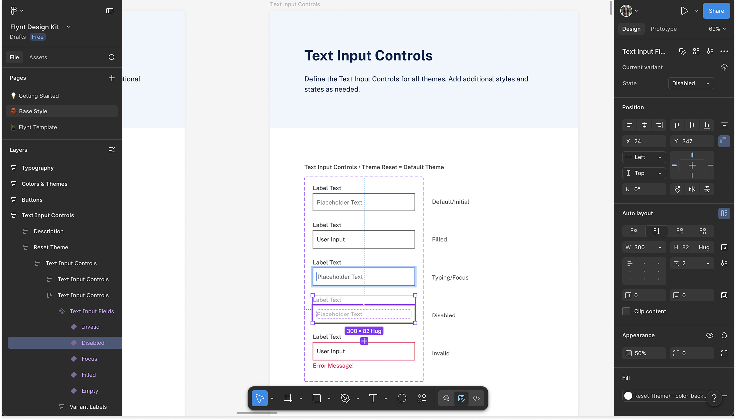 A screenshot of a UI design tool displaying a lesson about text input controls, including fields for description, reset theme, and various states like default, filled, typing, and disabled, with labeled input boxes for placeholder text and user input, some with error messages.