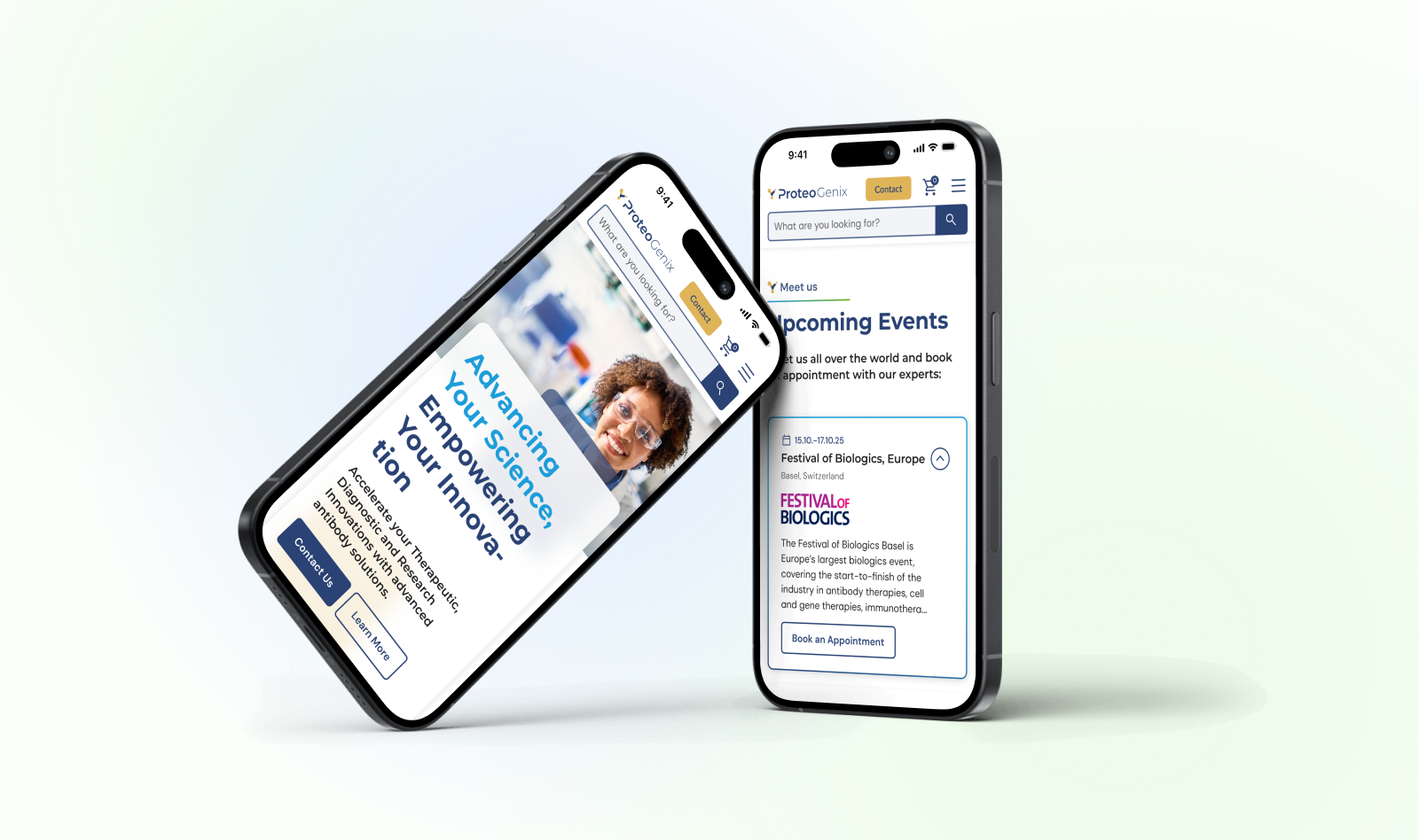 Two smartphones displaying a biotech company's website with upcoming scientific events and promotional content, set against a light gradient background.