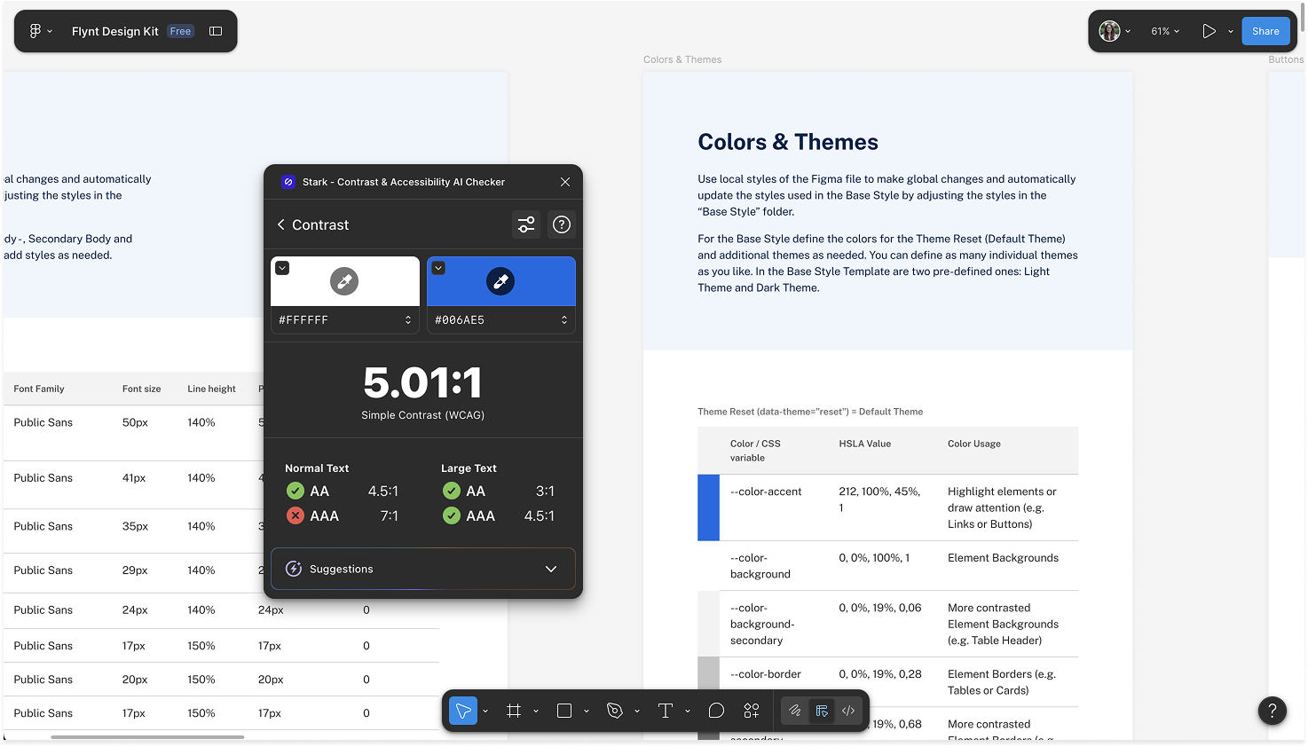 Screenshot of a design editing software interface showing a contrast checker tool with white and blue color selections, overlaying a page titled 'Colors & Themes' that explains style adjustments in a Figma file.