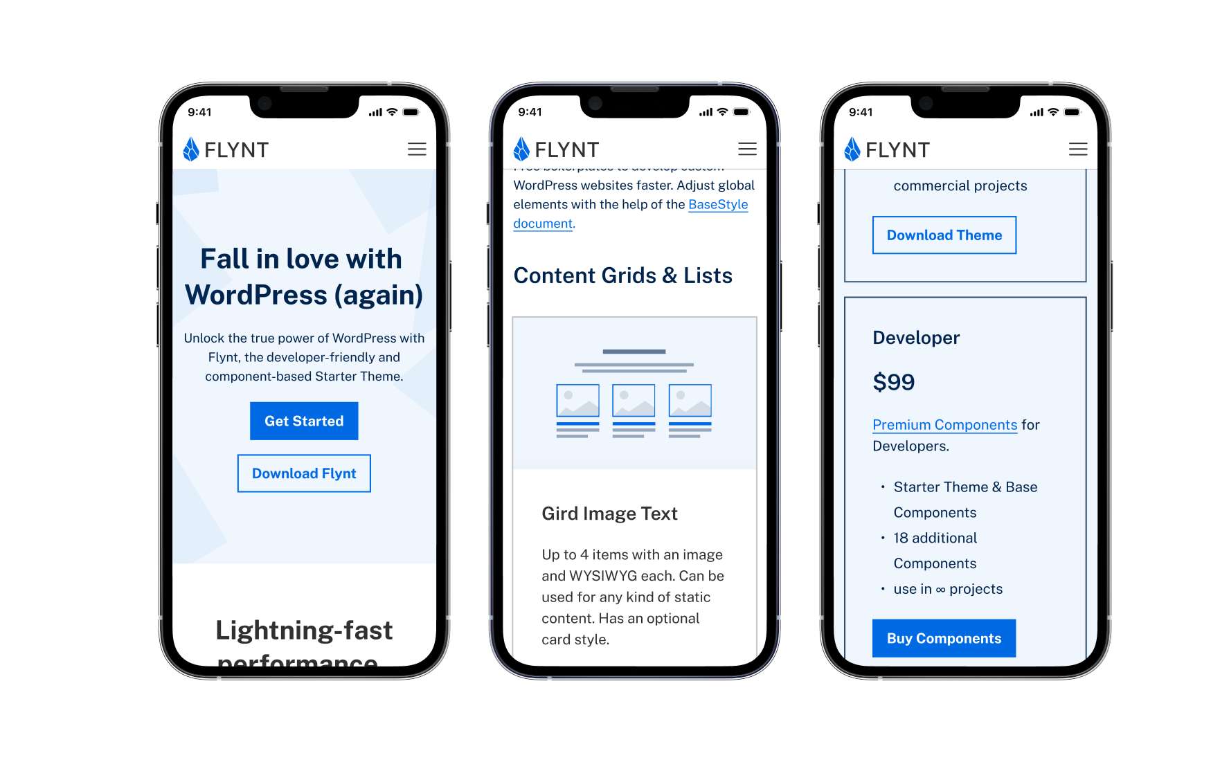 Three smartphones displaying a web design for a company called FLYNT, including pages with headings about WordPress themes, content grids, and pricing plans.