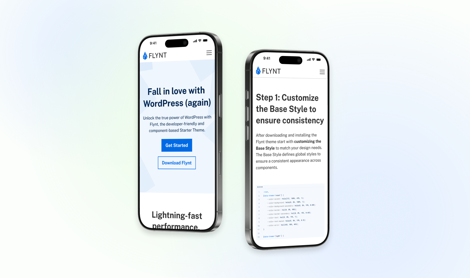 Two smartphones displaying web pages from Flynt. The left phone shows a webpage with a blue title, buttons labeled 'Get Started' and 'Download Flynt,' and promotional text for WordPress. The right phone shows a webpage with step-by-step instructions for customizing base styles, including code snippets.