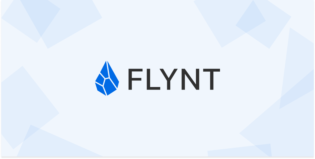 The image shows the logo of FLYNT with a blue geometric icon resembling a crystal or gemstone, and the word "FLYNT" in black capital letters on a light blue background with abstract shapes.