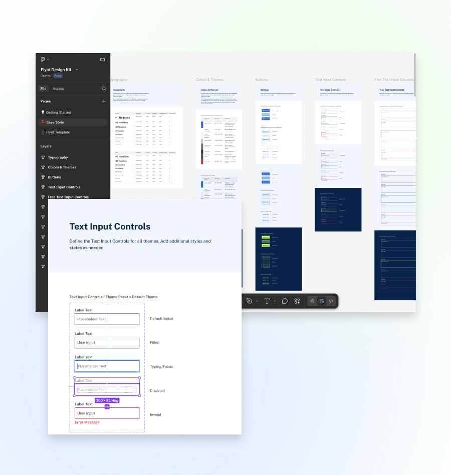 Screenshot of a design kit interface for creating text input controls including styles and themes, with a sidebar menu on the left and multiple preview templates on the right.
