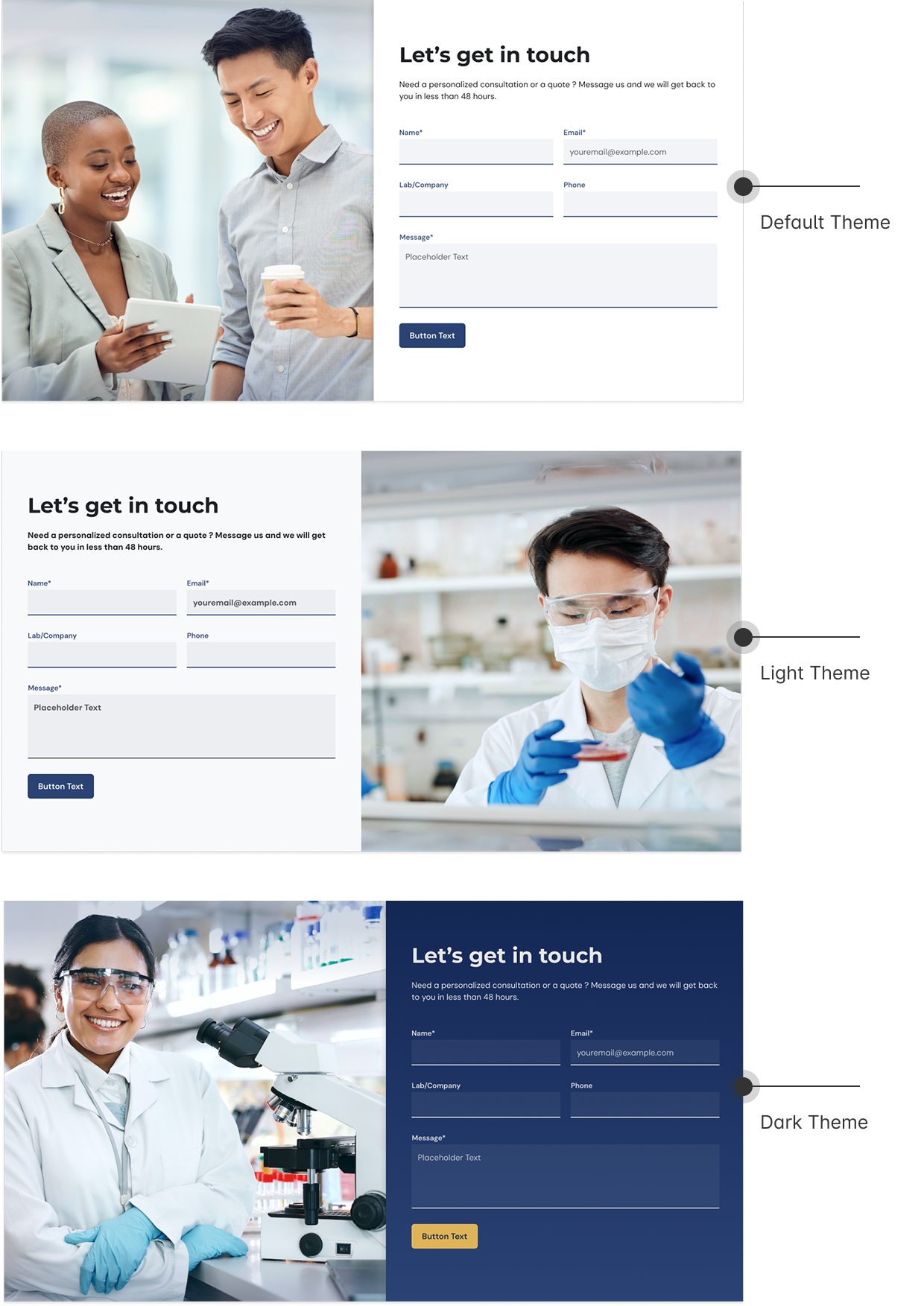 Three different images of people in scientific or laboratory settings, including a smiling woman in a lab coat with a microscope, a scientist in a laboratory wearing protective goggles and handling a petri dish, and two people in business casual attire looking at a mobile device and smiling.