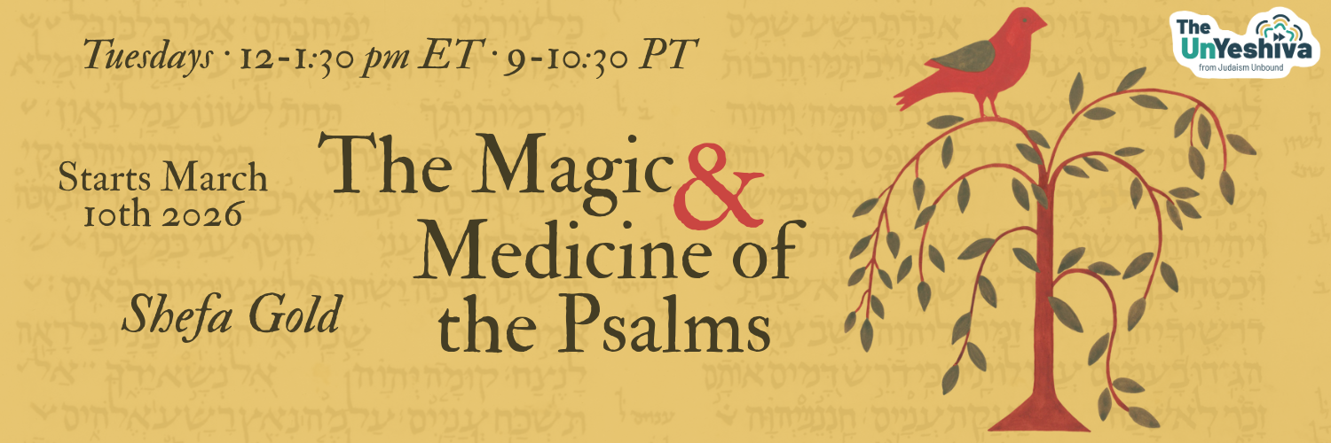 "Banner for ""The Magic & Medicine of the Psalms"" event featuring a tree and bird on a yellow background. Tuesdays · 12-1:30 pm ET · 9-10:30 PT with Shefa Gold. Starts March 10th 2026.