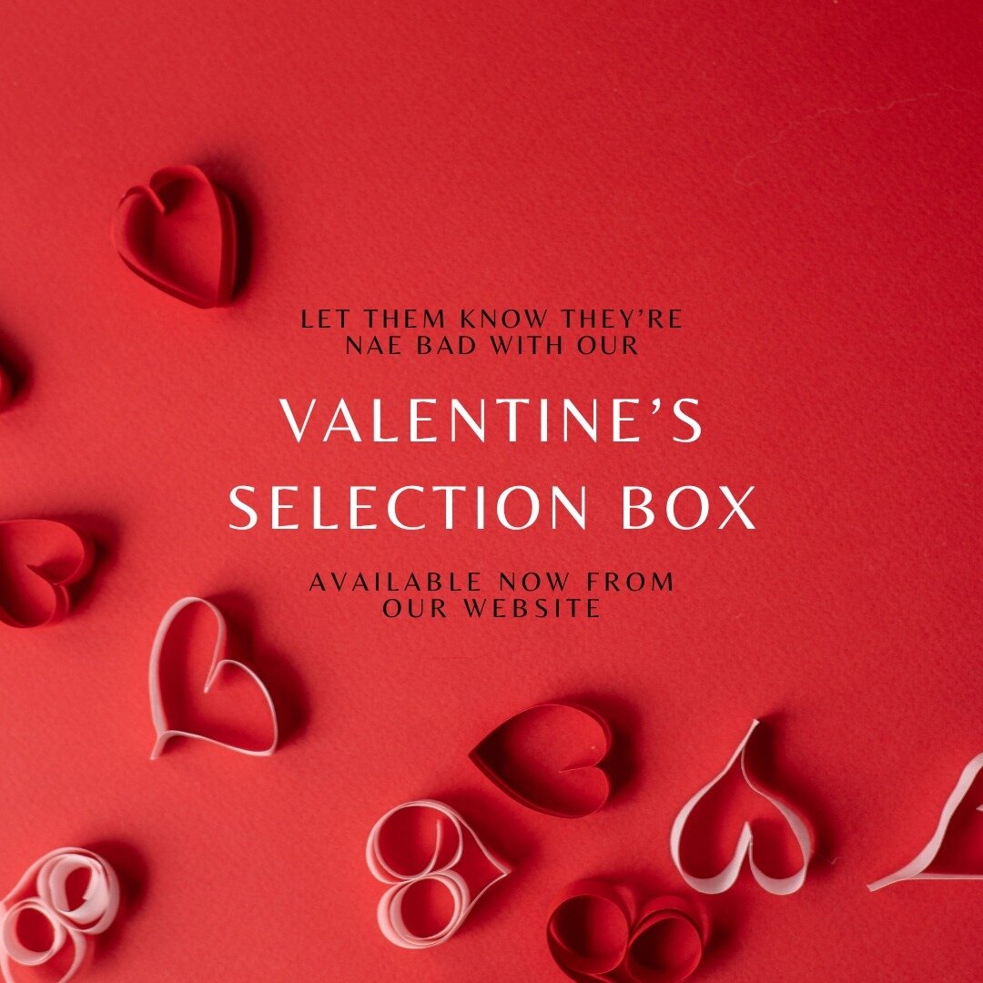 It's the most romantic time of the yeeeeeeear (almost)!

Whether you want to show someone how much you appreciate them or just fancy a nice box of cakes to yourself, get a wee Valentine's selection box.

5 treats in a windowed box tied with ribbon.

