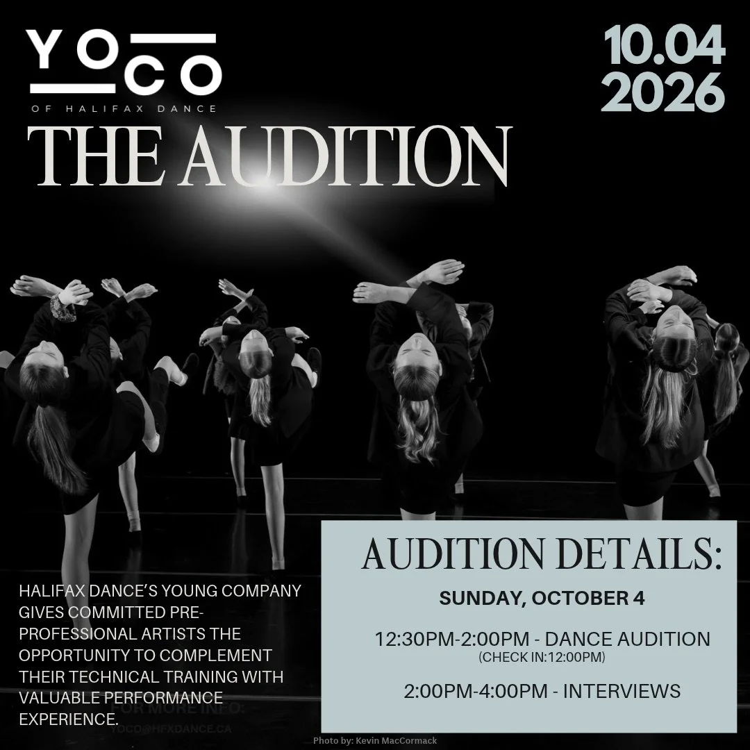 A photo of dancers performing on stage with audition details in the bottom corner