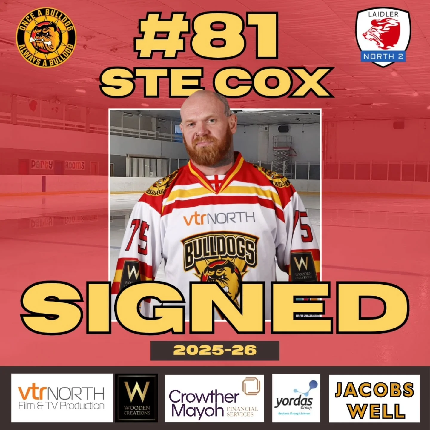 🚨 +++ SIGNING NEWS +++ SIGNING NEWS +++ SIGNING NEWS +++ 🚨&nbsp;

THE Bulldogs are buzzing to announce the return of forward Ste Cox for the 2025-26 NIHL North Two season!&nbsp;

Ste had perhaps the most eventful debut of any player in the division