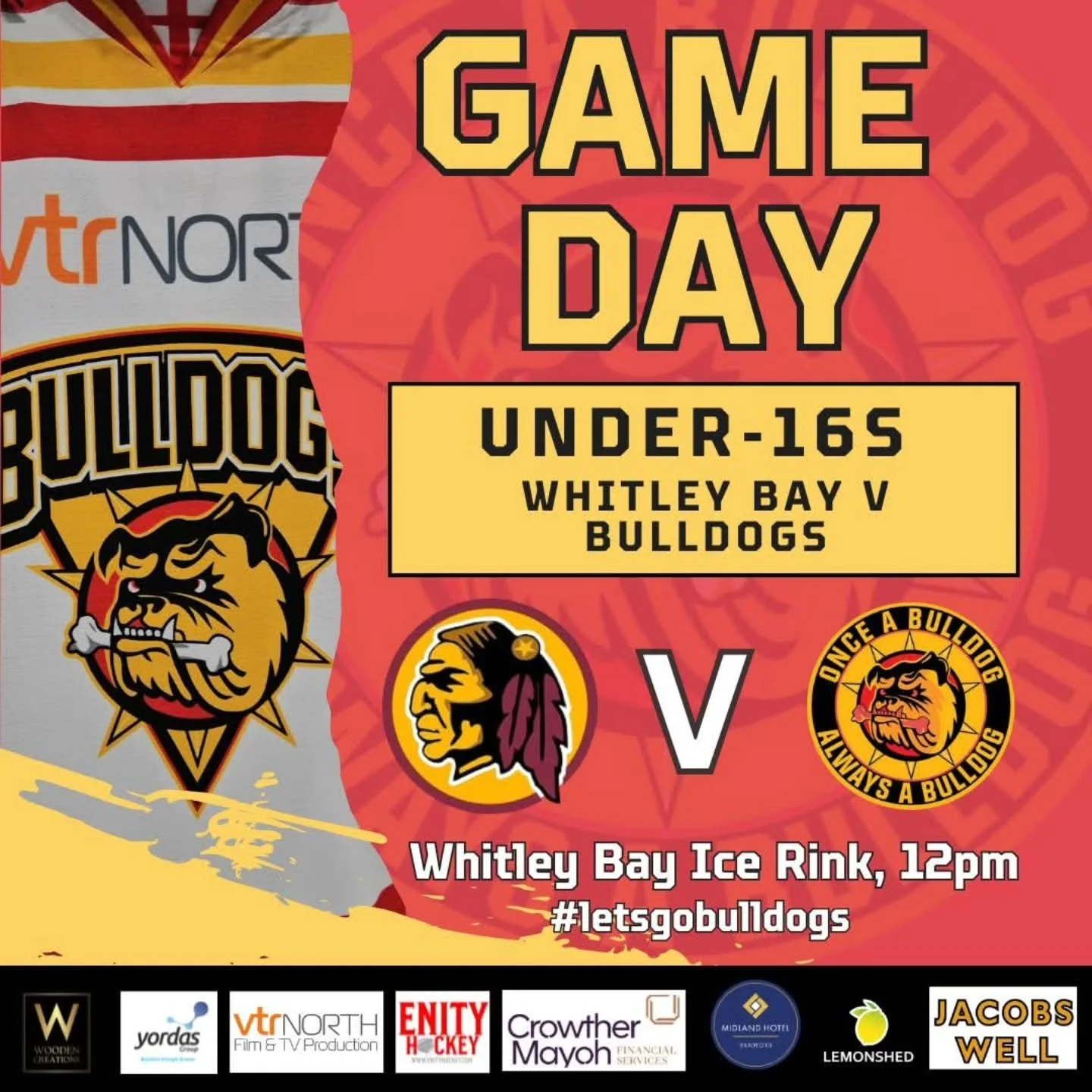Wishing our Bulldogs Under-16s the best of luck as they make the trip to the North East to take on Whitley Bay Juniors for a 12pm face-off! 

If you're heading up there to watch, cheer our pups on loud and proud! 🙌👏🏒

#letsgobulldogs🏒 
#onceabull