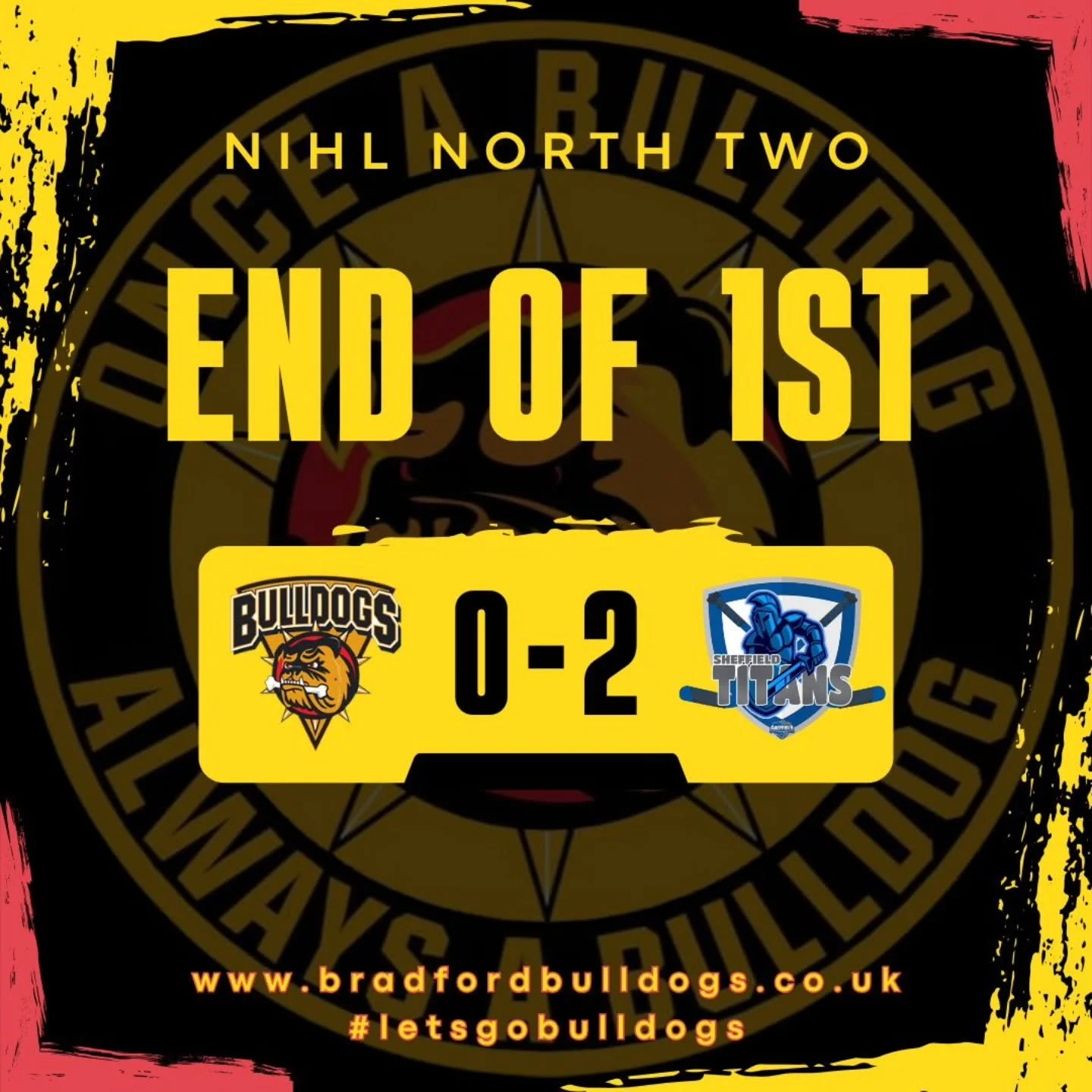 End of the 1st and we trail Sheffield Titans Ice Hockey 2-0 down at The Pound! 

All to play for in the second! 

#letsgobulldogs🏒 
#onceabulldogalwaysabulldog🐾🐾 
#lovehockeylovethebulldogs🏒