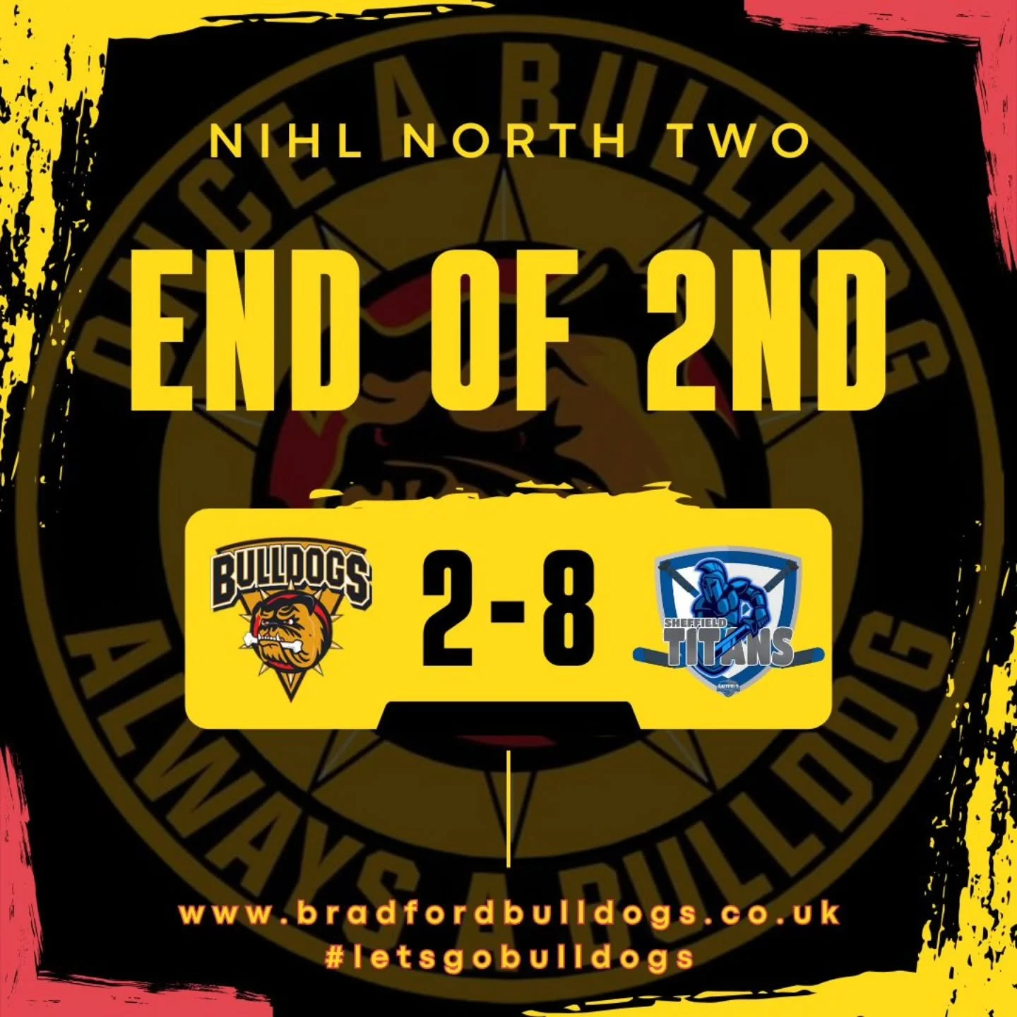 Tough, tough second period there - Bulldogs shipping six goals to trail @sheffieldtitansicehockey 8-2 

Dogs goals from Dave Williams and Josh Stockton

#letsgobulldogs🏒 
#onceabulldogalwaysabulldog🐾🐾 
#lovehockeylovethebulldogs🏒
