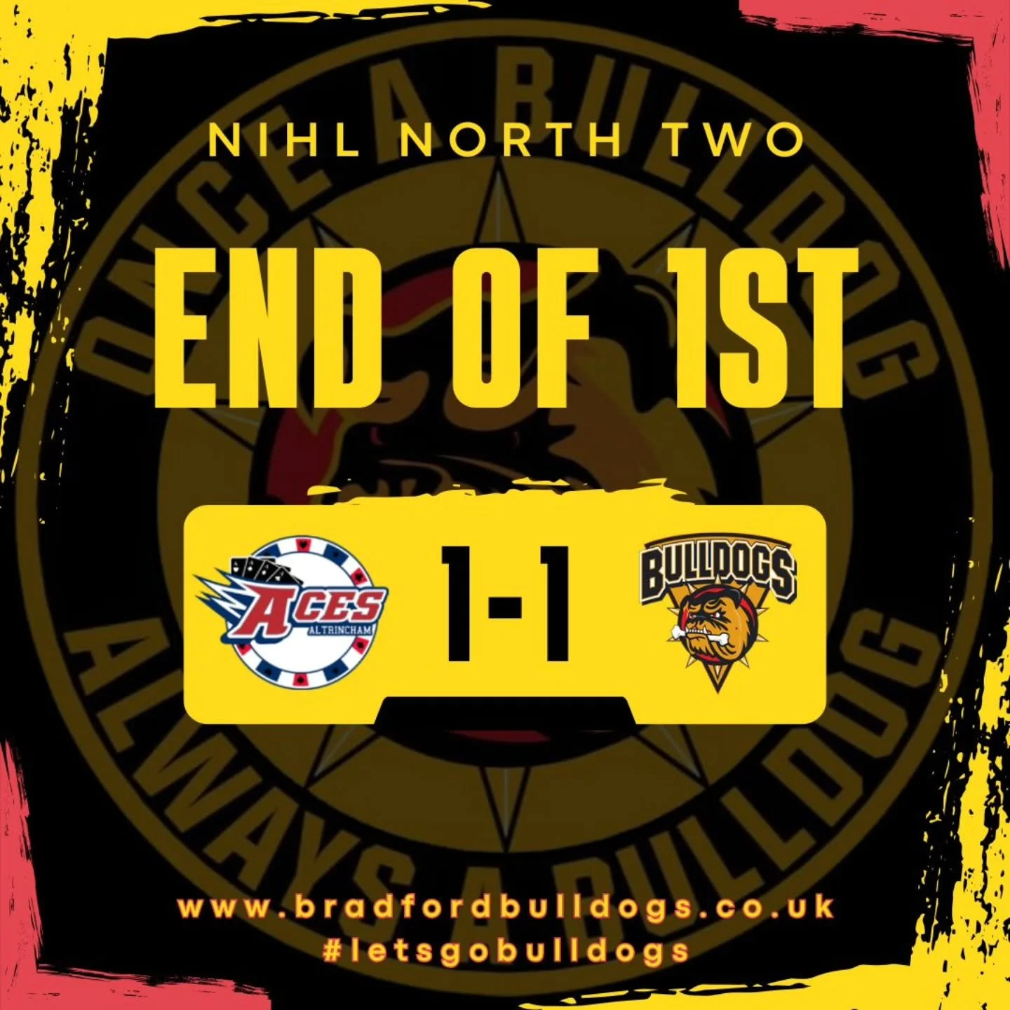 All-square at the end of the first between your Bulldogs and hosts @alty_aces

Ste Cox with the Dogs' goal, assist to Rocco Mallon! 

#letsgobulldogs🏒 
#onceabulldogalwaysabulldog🐾🐾 
#lovehockeylovethebulldogs🏒