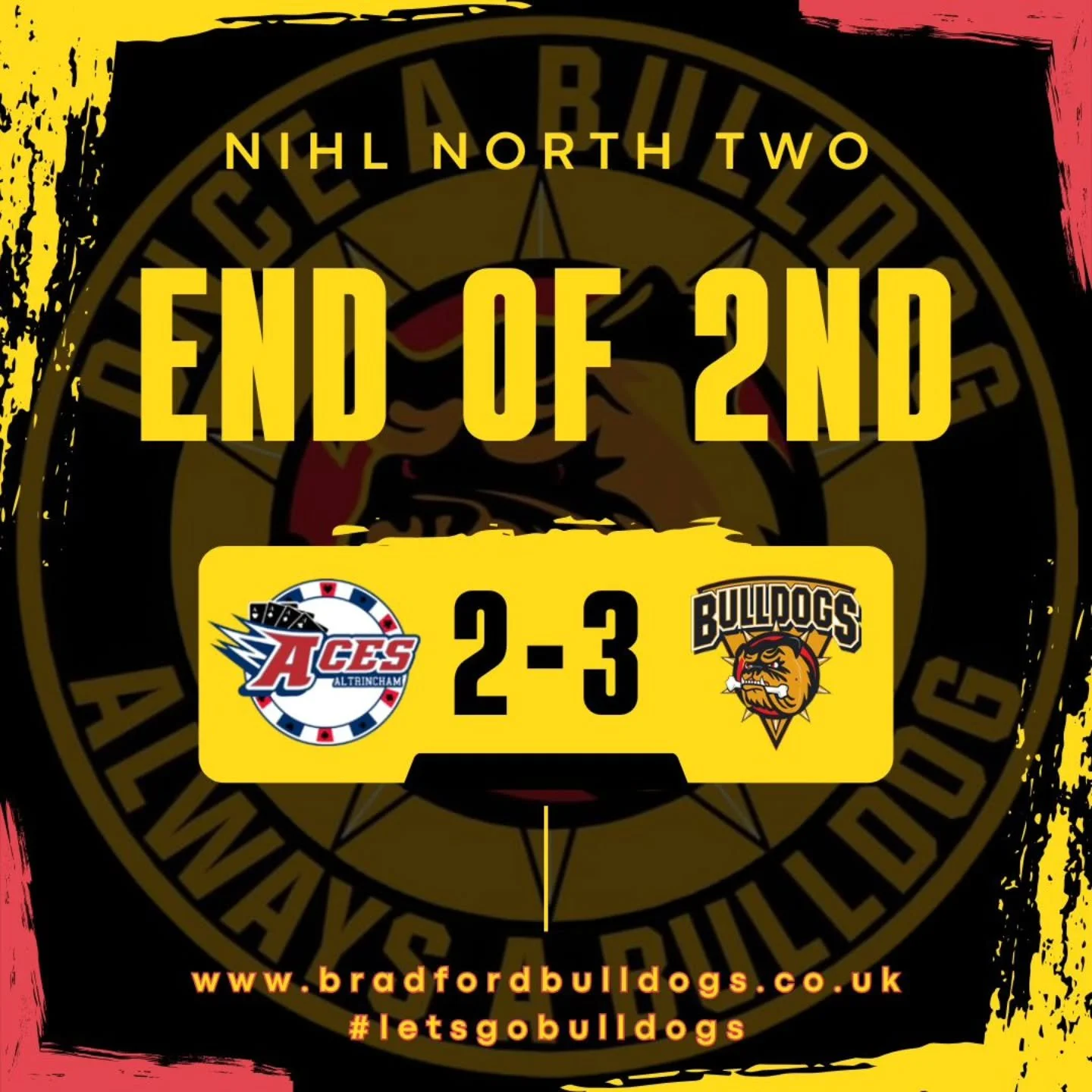 Your Bulldogs are 3-2 to the good after two periods at @alty_aces !! 

Dogs goals from Jarred Knowles and Ollie Massey! 

#letsgobulldogs🏒 
#onceabulldogalwaysabulldog🐾🐾 
#lovehockeylovethebulldogs🏒