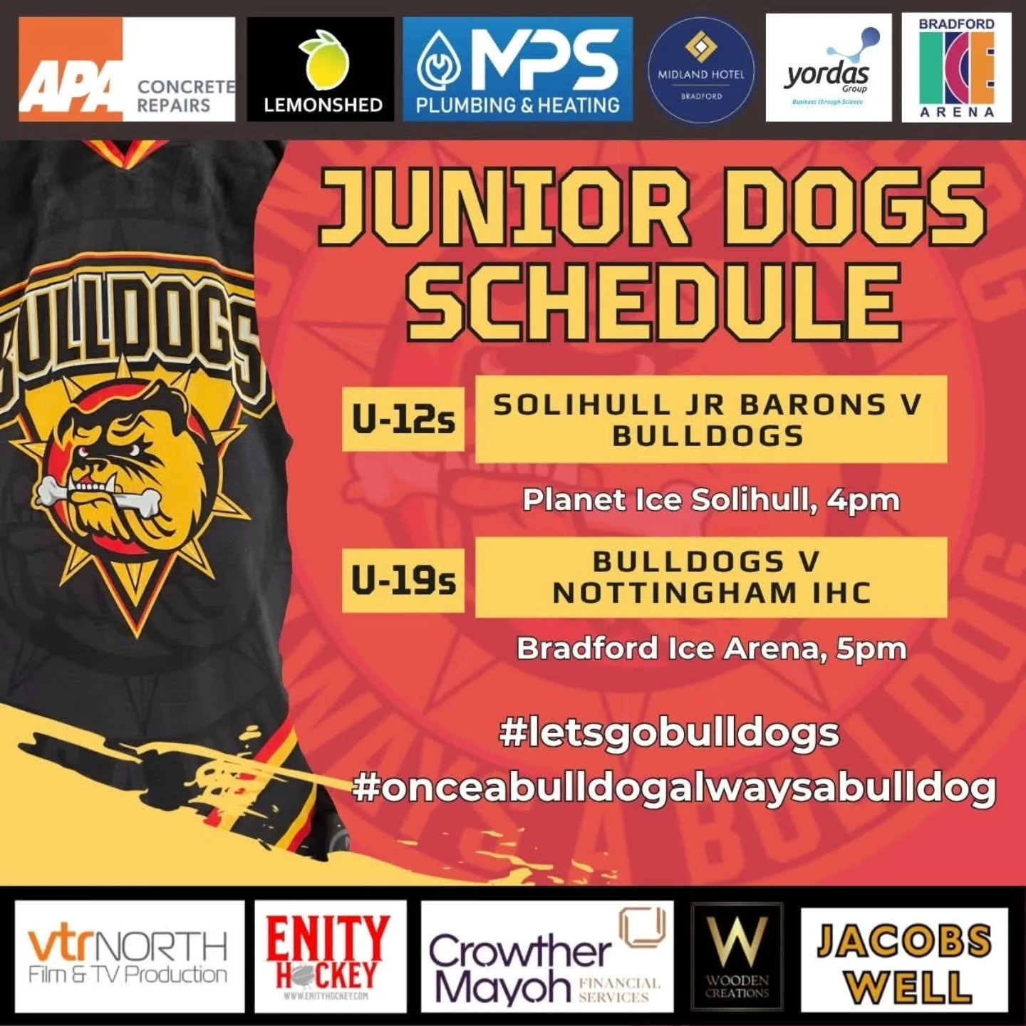 GAME DAY - JUNIORS 

TWO of our junior teams in action today - one on the road, one down at The Pound! 

🏒 4pm: Our Under-12s head south in search of victory when they visit @solihulljuniorbarons 
🏒 5pm: Bulldogs Under-19s will look to come out on 