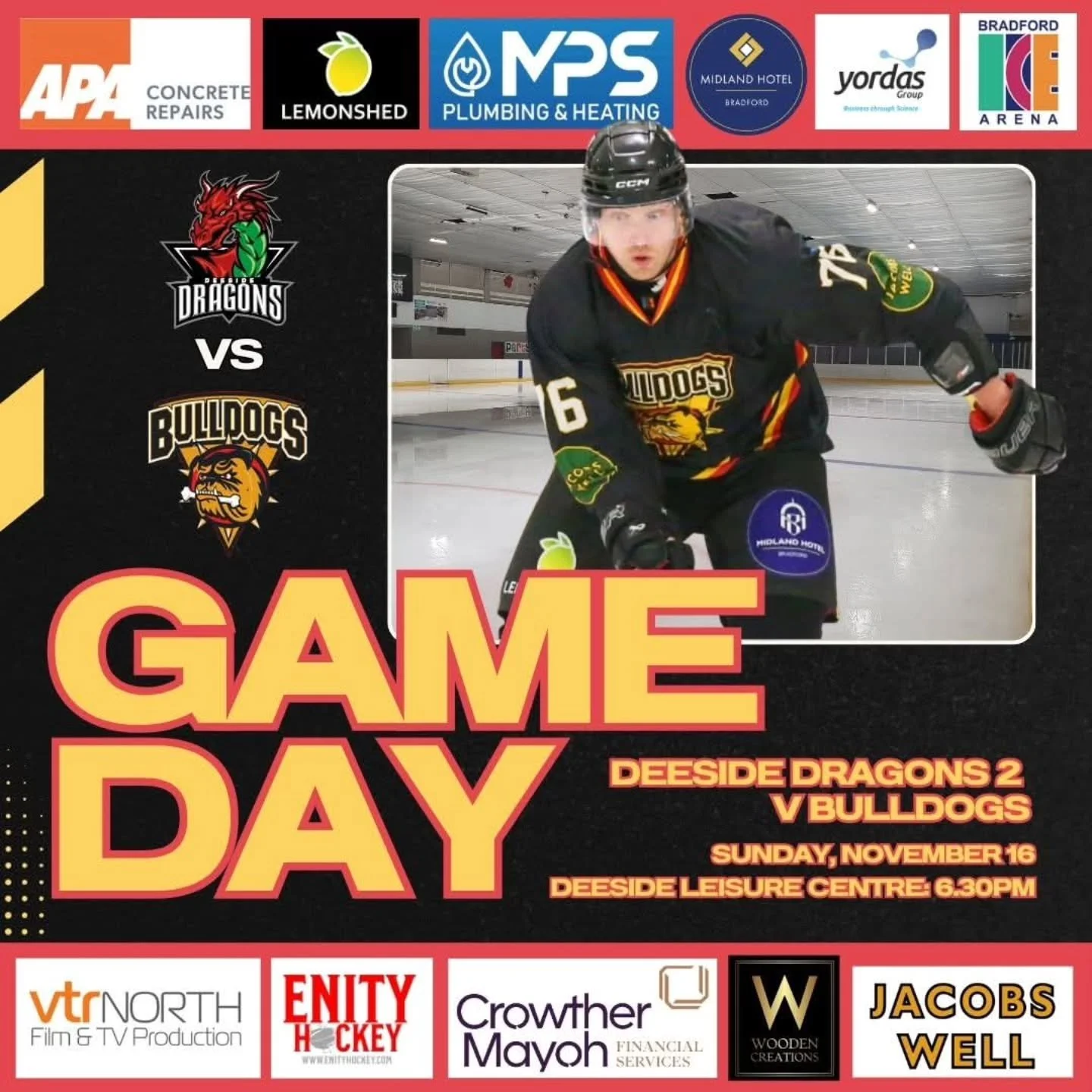 𝗚𝗔𝗠𝗘 𝗗𝗔𝗬! 

Your Bulldogs NIHL team are also back in action today - hitting the road looking to repeat the success they had over @dragonsihc 2 when the sides met at The Pound earlier this season. 

This time the venue is different - @deesidele