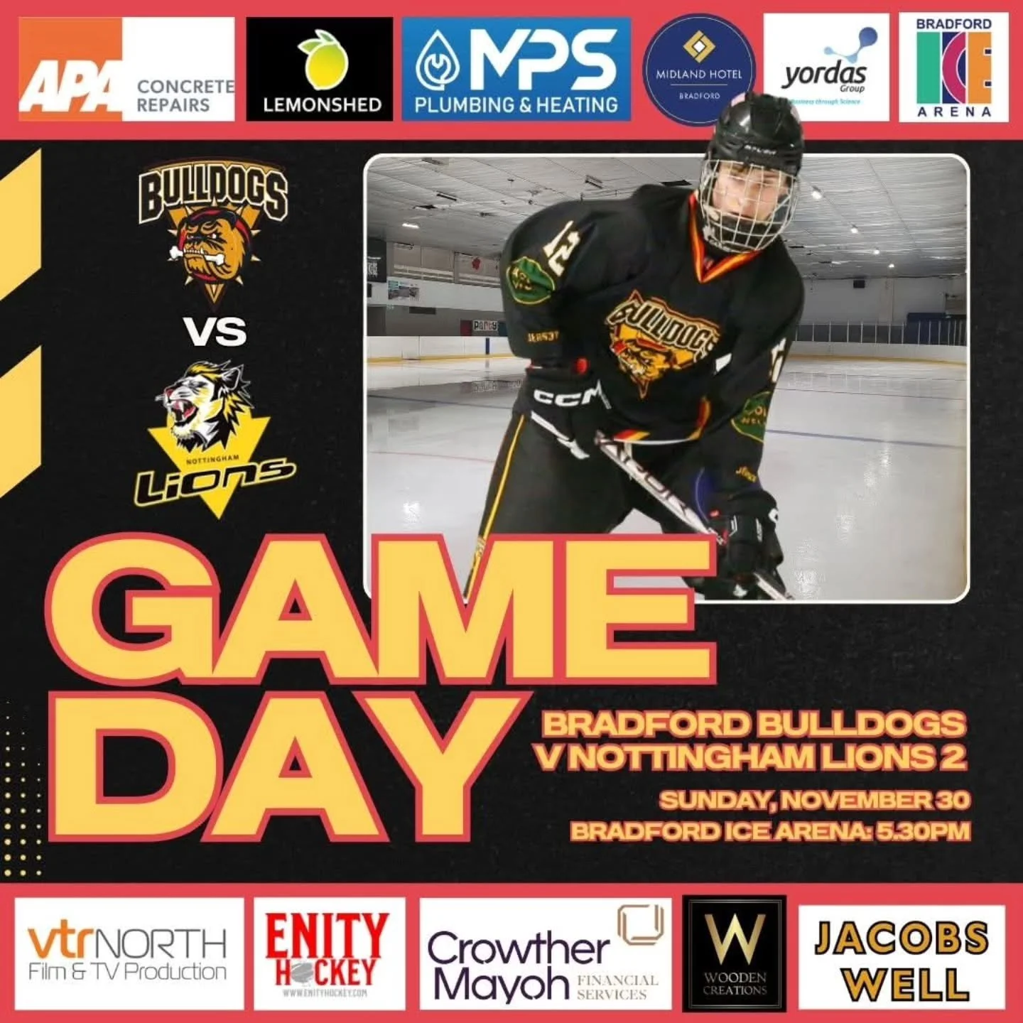 𝗚𝗔𝗠𝗘 𝗗𝗔𝗬!! 

Your LAST chance to see Bradford Bulldogs NIHL in action at 𝗧𝗵𝗲 𝗣𝗼𝘂𝗻𝗱 this year - our next home game isn't until 𝗝𝗔𝗡𝗨𝗔𝗥𝗬! 

Today sees us welcome The Nottingham Lions 2 to Bradford Ice Arena as we look to cement our
