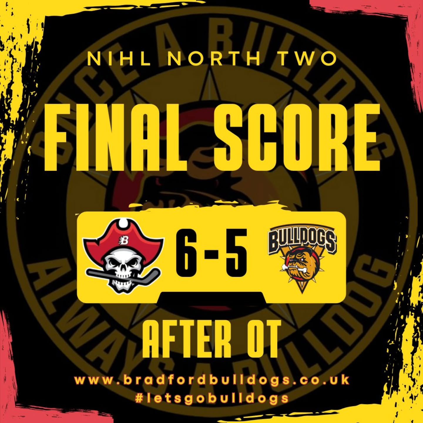 Not to be at Billingham Forum as your Bradford Bulldogs NIHL are denied - again - in OT! 😢 

We take a deserved point from a great team effort, but it is the Billingham Buccaneers who take the extra point in an entertaining 6-5 win. 

#letsgobulldog