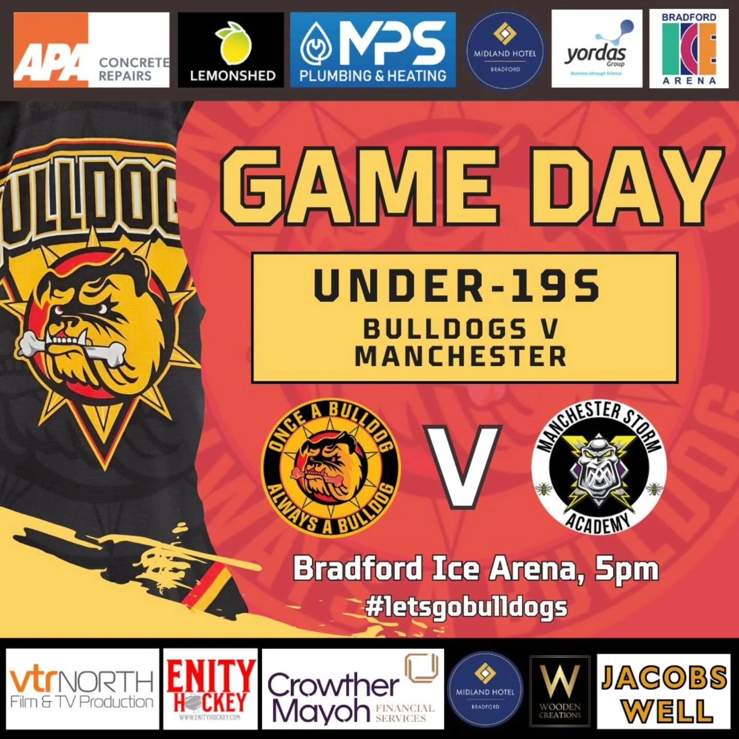 𝗚𝗔𝗠𝗘 𝗗𝗔𝗬! 

Today sees the last live Bulldogs hockey at The Pound for 2025! 

The 𝗕𝘂𝗹𝗹𝗱𝗼𝗴𝘀 𝗨𝗻𝗱𝗲𝗿-𝟭𝟵𝘀 played host to @hockeymsa in Division North One action 
🏒 𝗙𝗔𝗖𝗘-𝗢𝗙𝗙 is at 𝟱𝗣𝗠 so get yourselves down to cheer on our