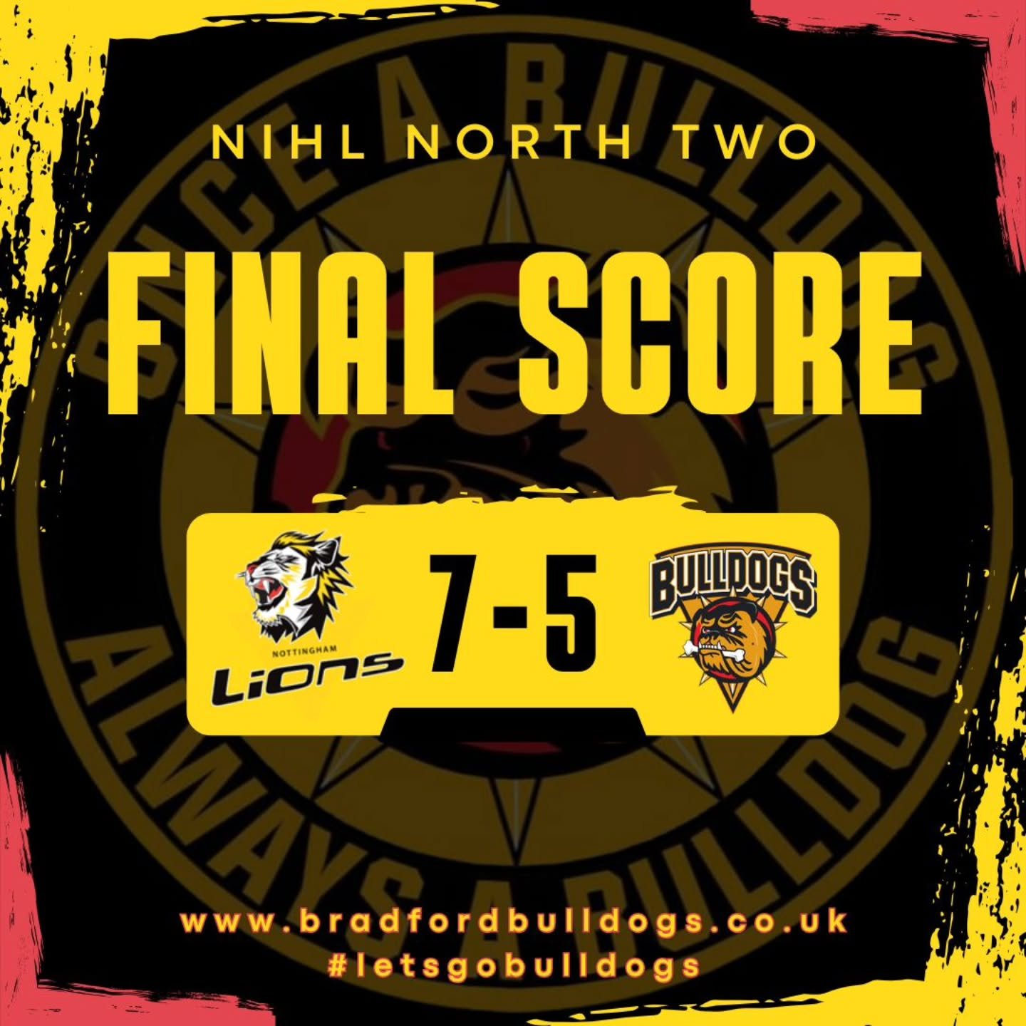 Good third period fightback after trailing 7-2 after 40, but Bradford Bulldogs NIHL come up just short as they go down 7-5 to @nottinghamlions 2 ... 

Dogs MVP goes to Josh Stockton, who bagged a hat-trick! 💪👏

We go again next week at The Pound wh