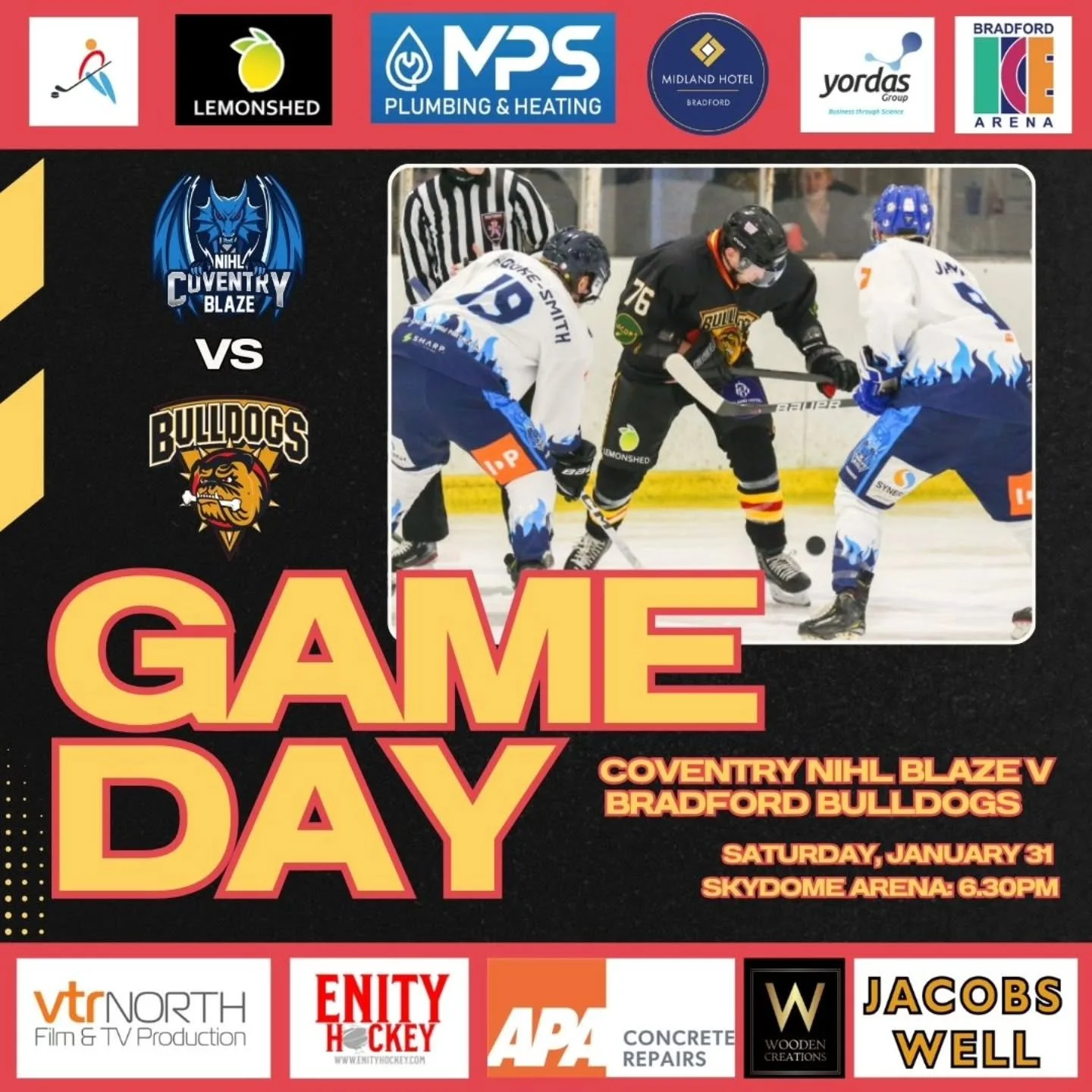 GAME DAY!

Our&nbsp;Bradford Bulldogs NIHL&nbsp;team are back in action today, looking to strengthen their claims for a NIHL North Two play-off spot when they make the long road trip south to take on&nbsp;@coventrynihlblaze at the SkyDome Arena!

We'