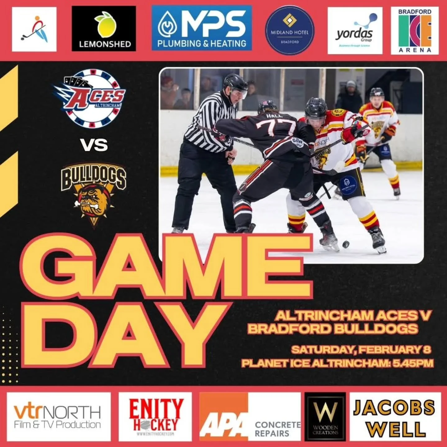 GAME DAY! 

Our Bradford Bulldogs NIHL team are back in action TODAY, hitting the road to take on Altrincham Aces whee a regulation win will see us draw level with the Aces and strengthen our claims for a play-off spot! 

If you can, get down to Plan