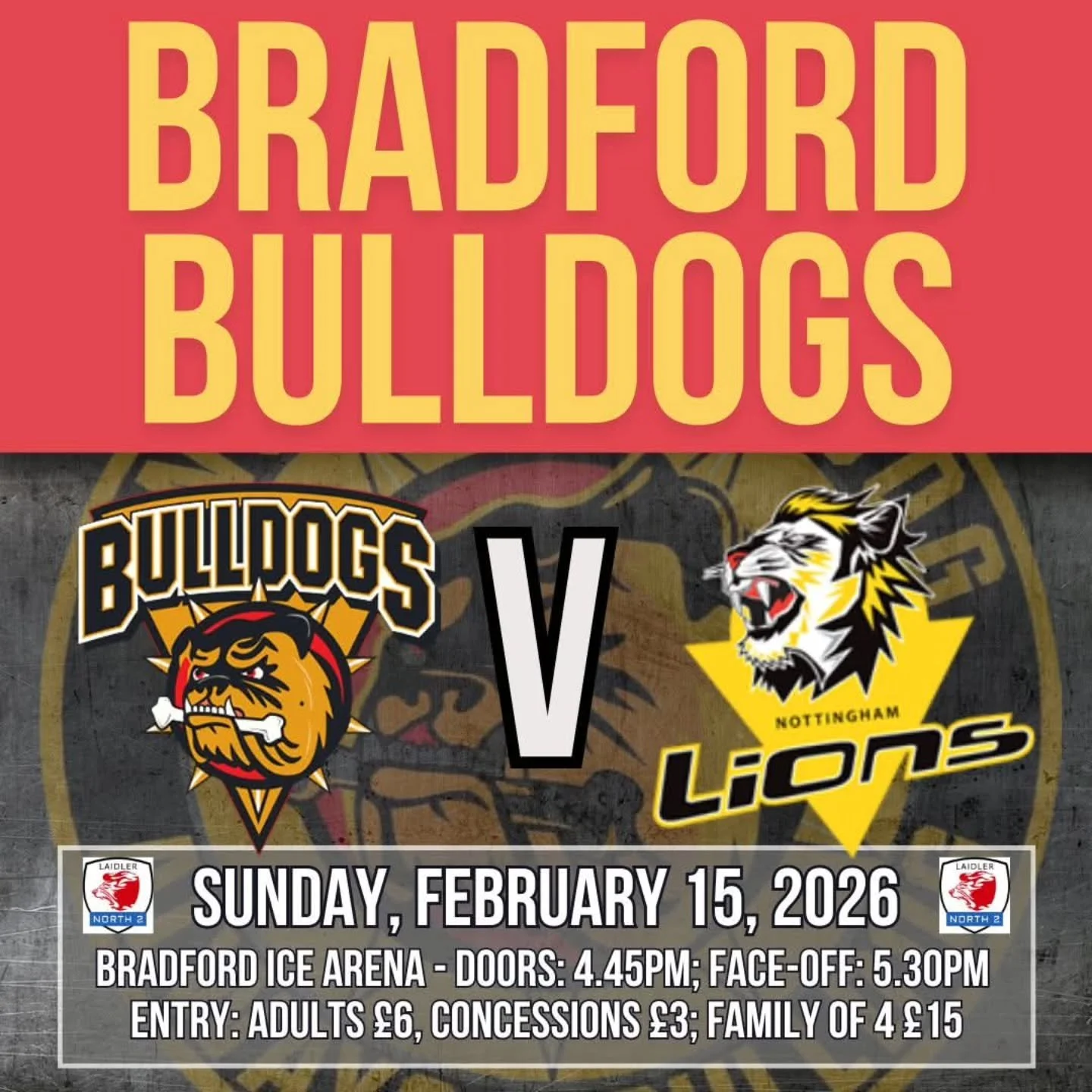 THIS SUNDAY brings a HUGE game for your Bradford Bulldogs NIHL as welcome The Nottingham Lions 2 to The Pound! 

A win for the Dogs puts us six pointsclear of the Lions in the race for the NIHL North Two play-offs ... a win for the Lions brings them 
