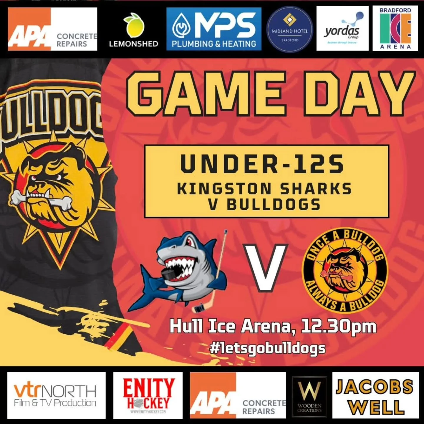 Wishing our Bulldogs Under-12s all the best as they head down the M62 to take on Yokshire rivals Kingston IHC today - 12.30pm face-off! 

Go smash it pups! 

#letsgobulldogs🏒 
#onceabulldogalwaysabulldog🐾🐾 
#lovehockeylovethebulldogs💛❤️🖤