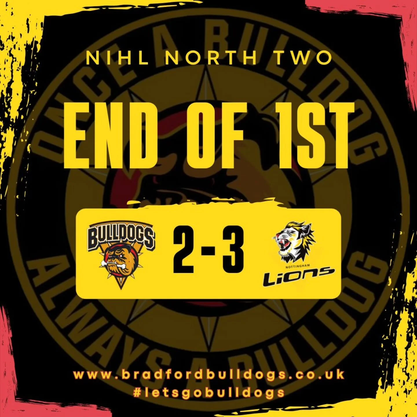 Bulldogs took a two-goal lead inside seven minutes through Lane and Jordan but the @nottinghamicehockeyclub 2 hit back through Bennett, Butlin and Meir to take a 3-2 lead into the first break 

All to play for in the 2nd 

#letsgobulldogs🏒 
#onceabu