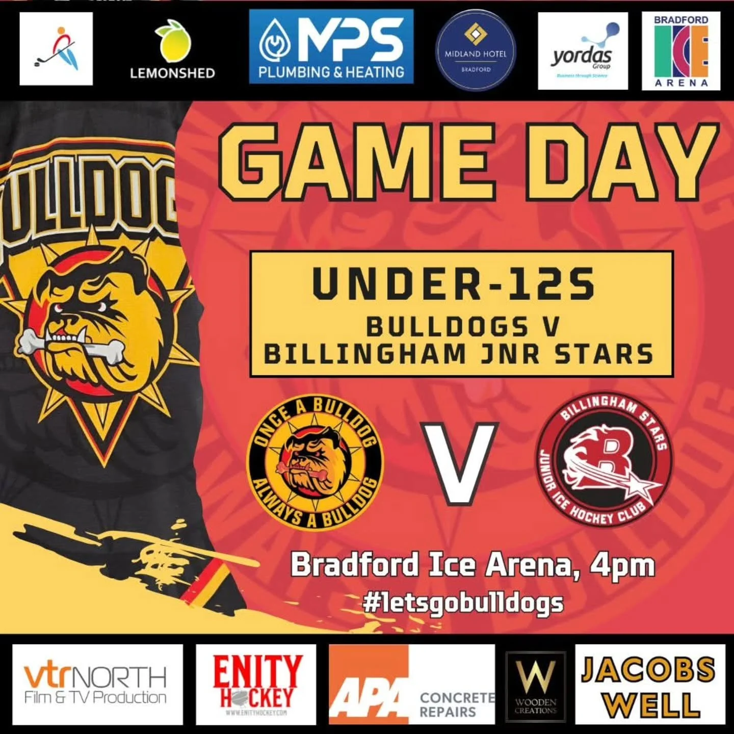 Just the ONE game on the books this weekend down at Bulldogs HQ!

Get yourselves down to The Pound today to cheer on our Under-12s as they take on @billingham_junior_ihc 🏒

It's a 4PM face-off and it is free to come down to @bradford_ice_arena Arena