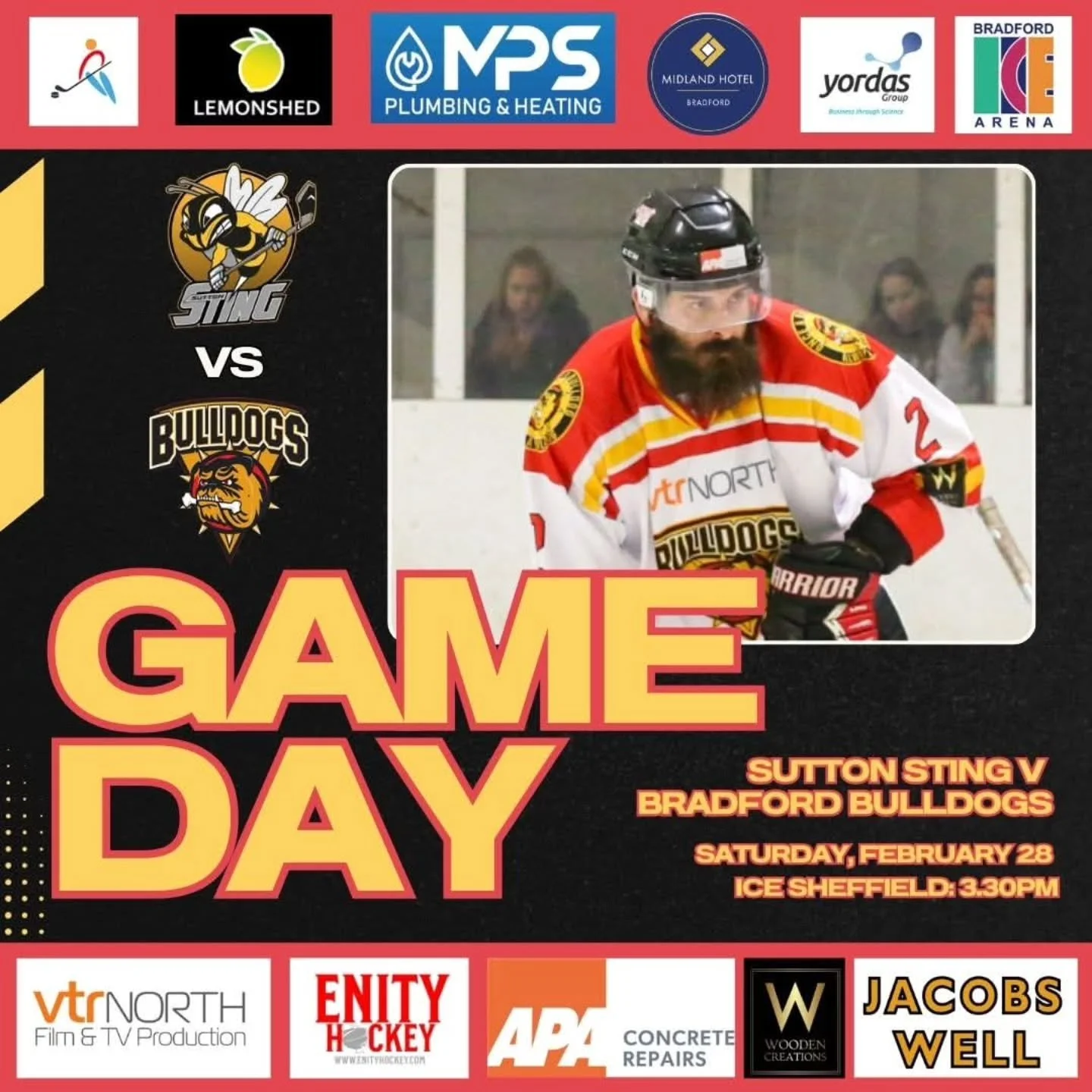 GAME DAY!!

Our Bradford Bulldogs NIHL get back on it today as we resume our bid to try and secure the 𝗢𝗡𝗘 remaining NIHL North Two play-off spot! 

We hit the road down to Ice Sheffield to take on league leaders and recently-crowned Laidler Cup w