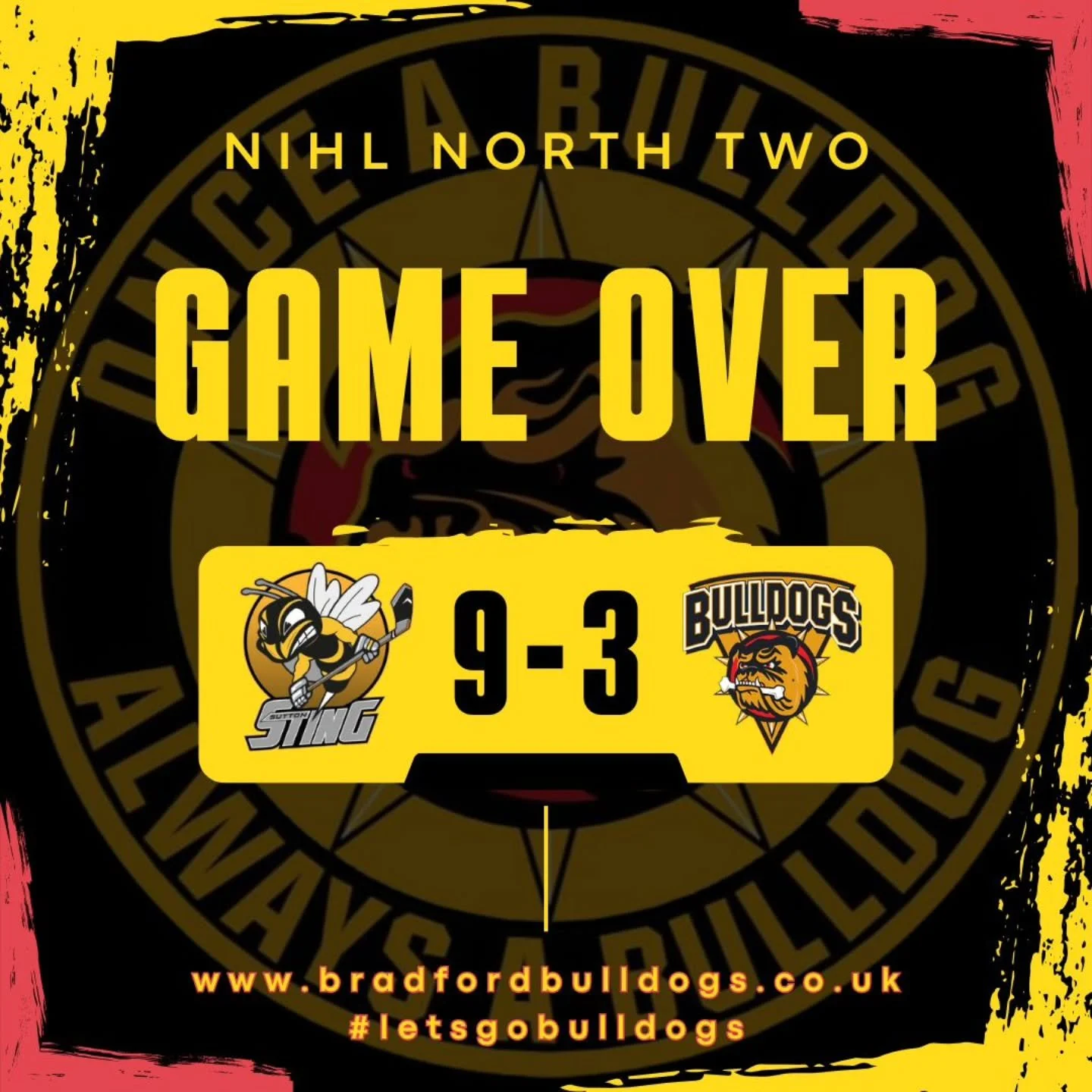 GAME OVER 

Not to be down at Ice Sheffield as the Bulldogs come off second-best to NIHL North Two leaders @suttonstingnihl - going down 9-3. 

Third period scorers for Sting were Ryan Apsley (2) and Morgan Glasby (who finished with FIVE overall!) 👏