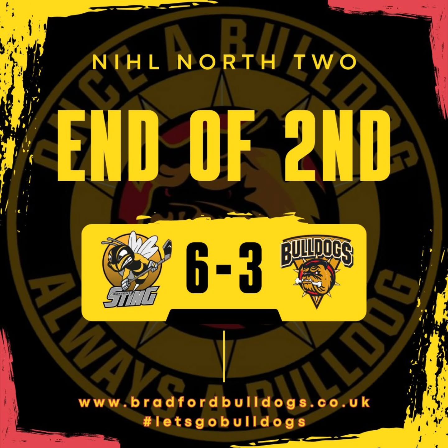 The Bulldogs back in the game with goals from Paul Lane (2) and Jared Knowles! 

Sutton Sting hit three at the other end too - Morgan Glasby (2) and Elliot Meadows! 

BIG 3rd period coming up at Ice Sheffield ! 

#letsgobulldogs🏒 
#onceabulldogalway