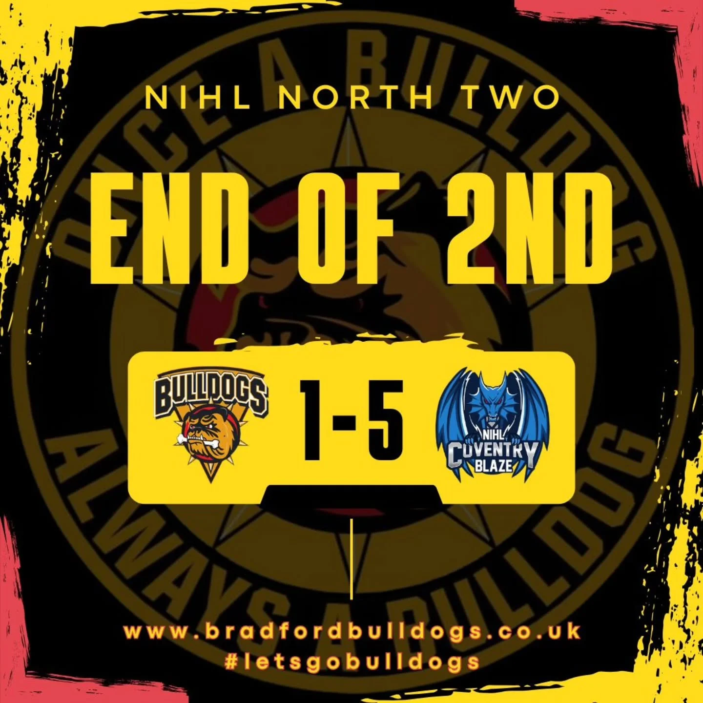 Tough going in the third for the Bulldogs, now trailing 5-1 against @coventrynihlblaze after two.

Still in this game, but needs a big effort on the final 20! 

#letsgobulldogs🏒 
#onceabulldogalwaysabulldog🐾🐾 
#lovehockeylovethebulldogs💛❤️🖤