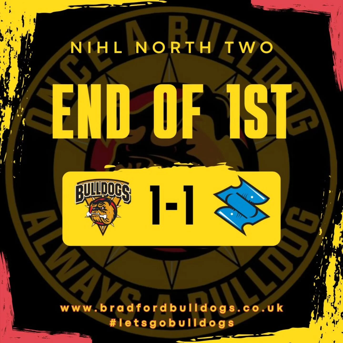 End of the first and we are tied at 1-1 

Paul Lane on target for the Dogs, before Ethan Daintith equaliser for the @kingstonsharks_nihl2 

All to play for in the 2nd!! 

#letsgobulldogs🏒 
#onceabulldogalwaysabulldog🐾🐾 
#lovehockeylovethebulldogs?