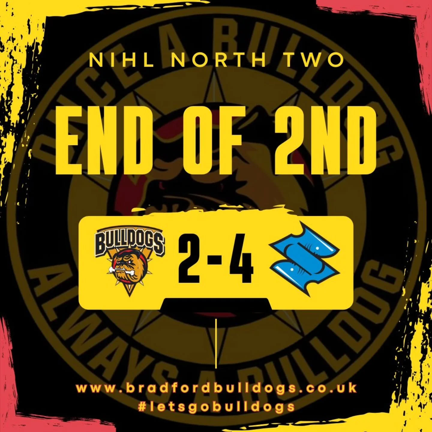 End of the 2nd and we trail 2-4 against Kingston Sharks NIHL 

Tyler Hall with the Dogs marker ! 

#letsgobulldogs🏒 
#onceabulldogalwaysabulldog🐾🐾 
#lovehockeylovethebulldogs💛❤️🖤