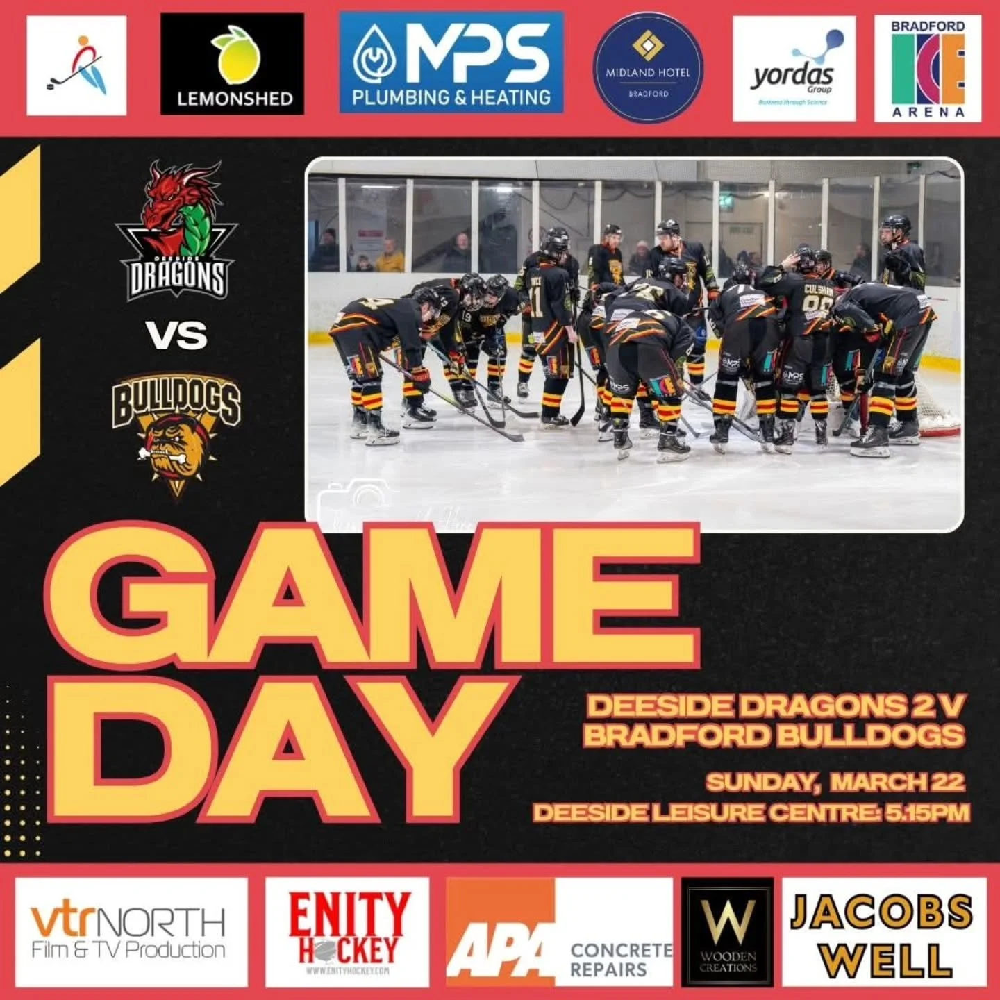 GAME DAY! 

This is it folks, the biggest game of the season for Bradford Bulldogs NIHL as they head west to take on @deesidedragons2 

We need ONE POINT to guarnatee ouselves a place in the play-offs and a two-legged quarter-final against NIHL North