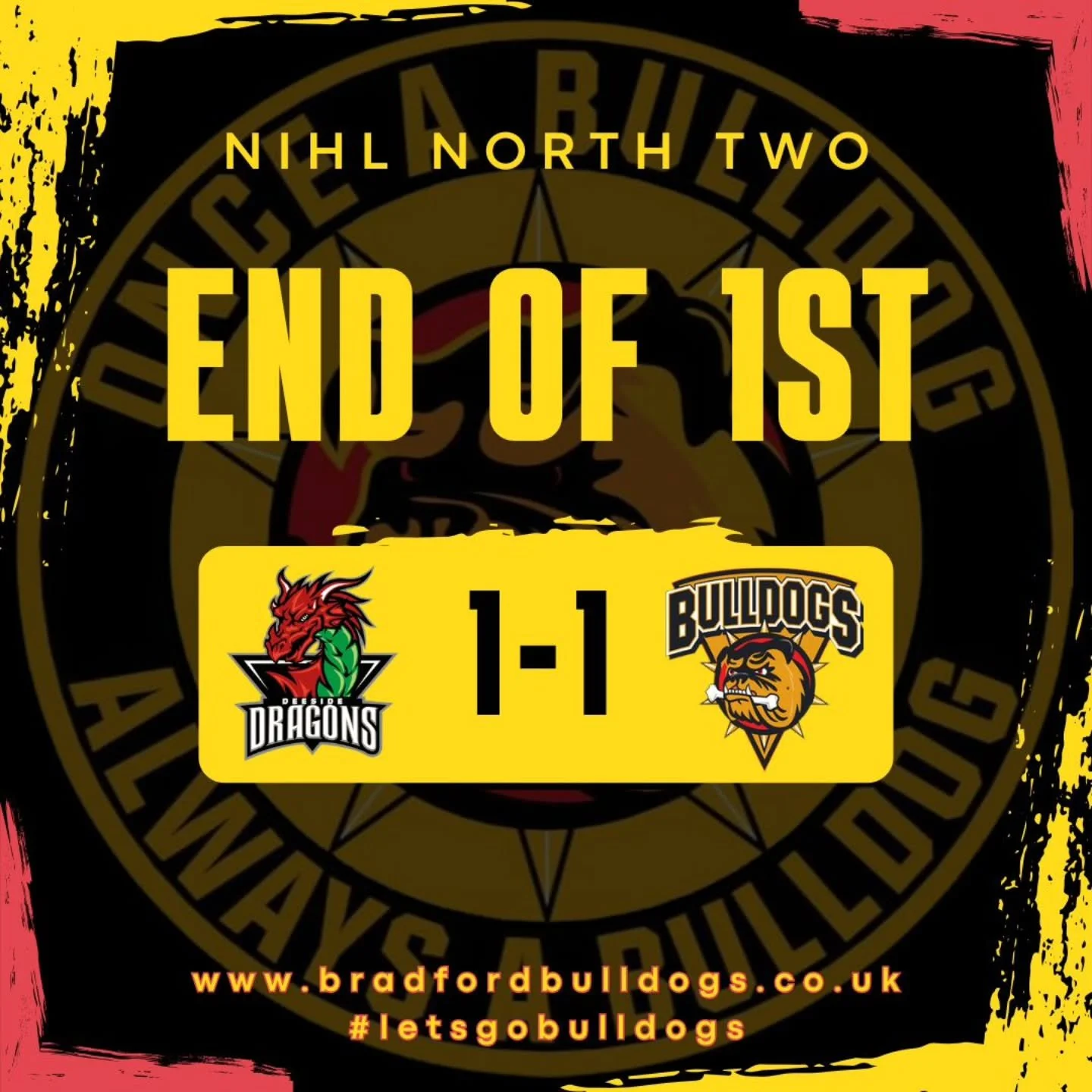 End of the first and we are tied at 1-1 between your Bradford Bulldogs NIHL and @deesidedragons2 ! 

Jake Shaw put the Dragons ahead on a delayed penalty at 4.49 before Josh Stockton levelled at 7.05.

Bulldogs got 53 seconds left on the PP when the 
