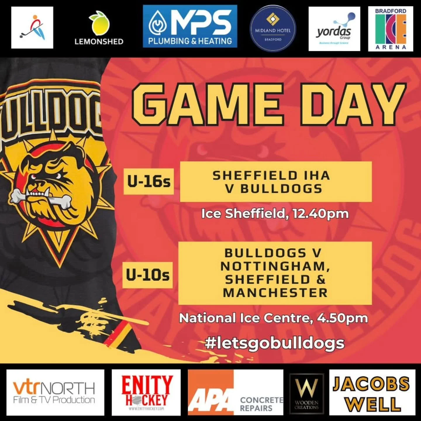 GAME DAY! 

We've got TWO of our junior teams in action on the ice today - both on the road. 

🏒 12.40pm - Bulldogs Under-16s v Sheffield IHA at Ice Sheffield 

🏒 4.50pm - Bulldogs Under-10s head to the National Ice Centre for their latest X-Ice to