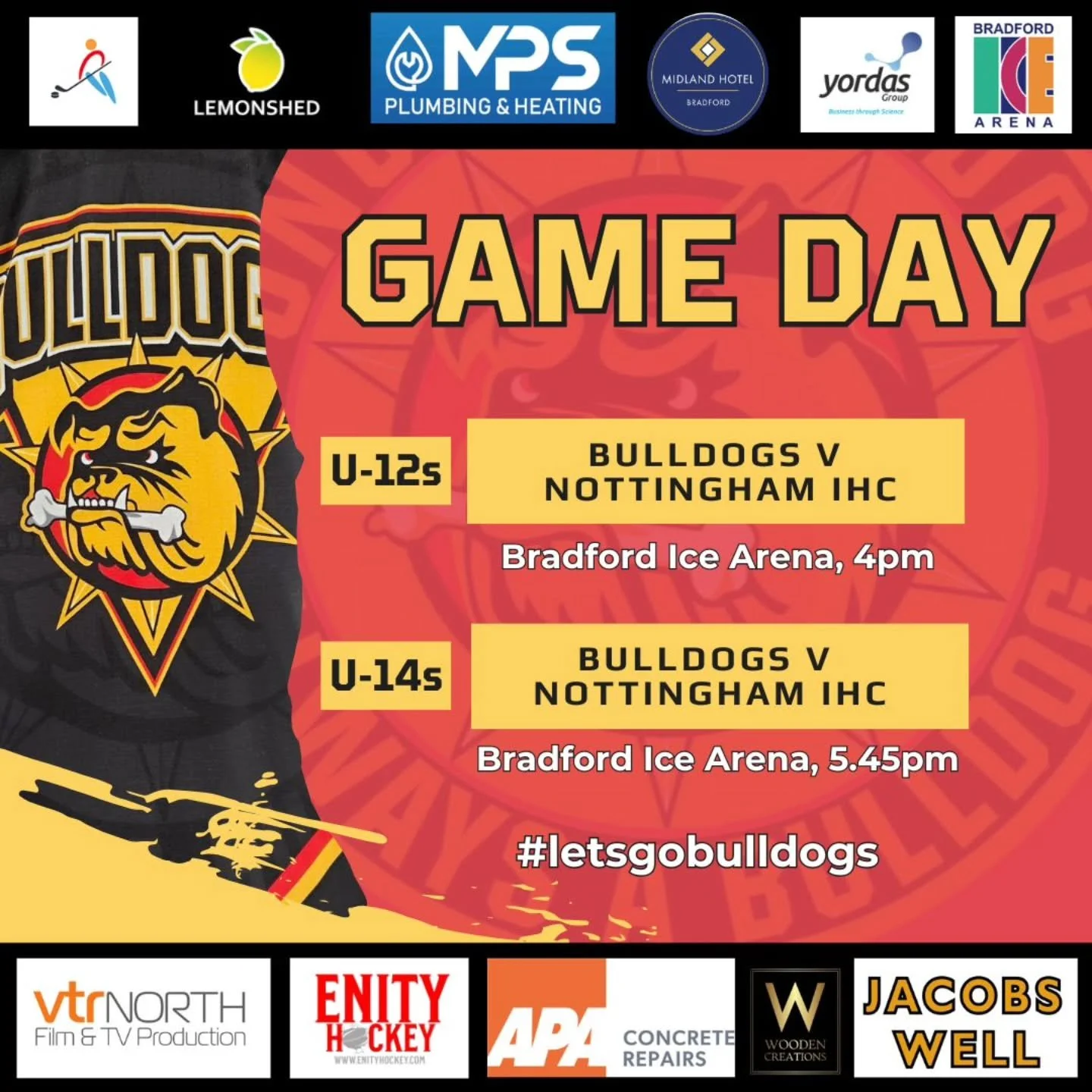 GAME DAY!! 

TWO of our junior teams in action TODAY!

BOTH of them hitting the ice at The Pound 

🏒 4pm - Bulldogs Under-12s take on @nottinghamicehockeyclub 

🏒 5.45pm - Bulldogs Under-14s take on Nottingham 

If you're heading down to @bradford_