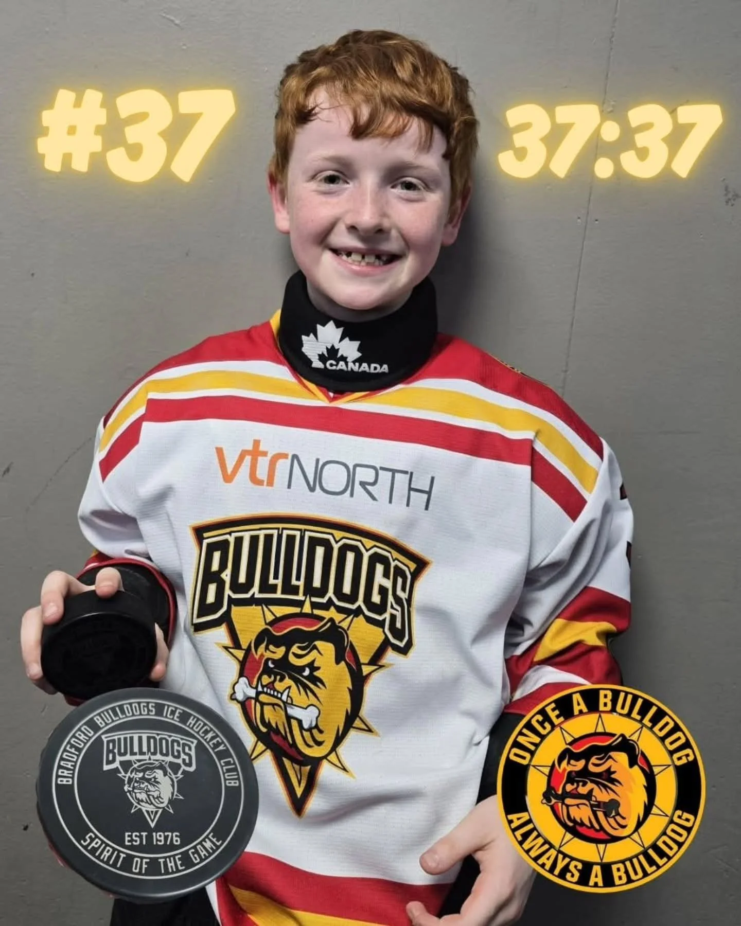 So, how about this? Our Bulldogs Under-12 #37 - Robson Bagott - playing against Nottingham Ice Hockey Club at the weekend scored a cracking goal. 
Nothing unusual in that, you say. Well, no, but it was only timed at 37.37 on the clock - what are the 