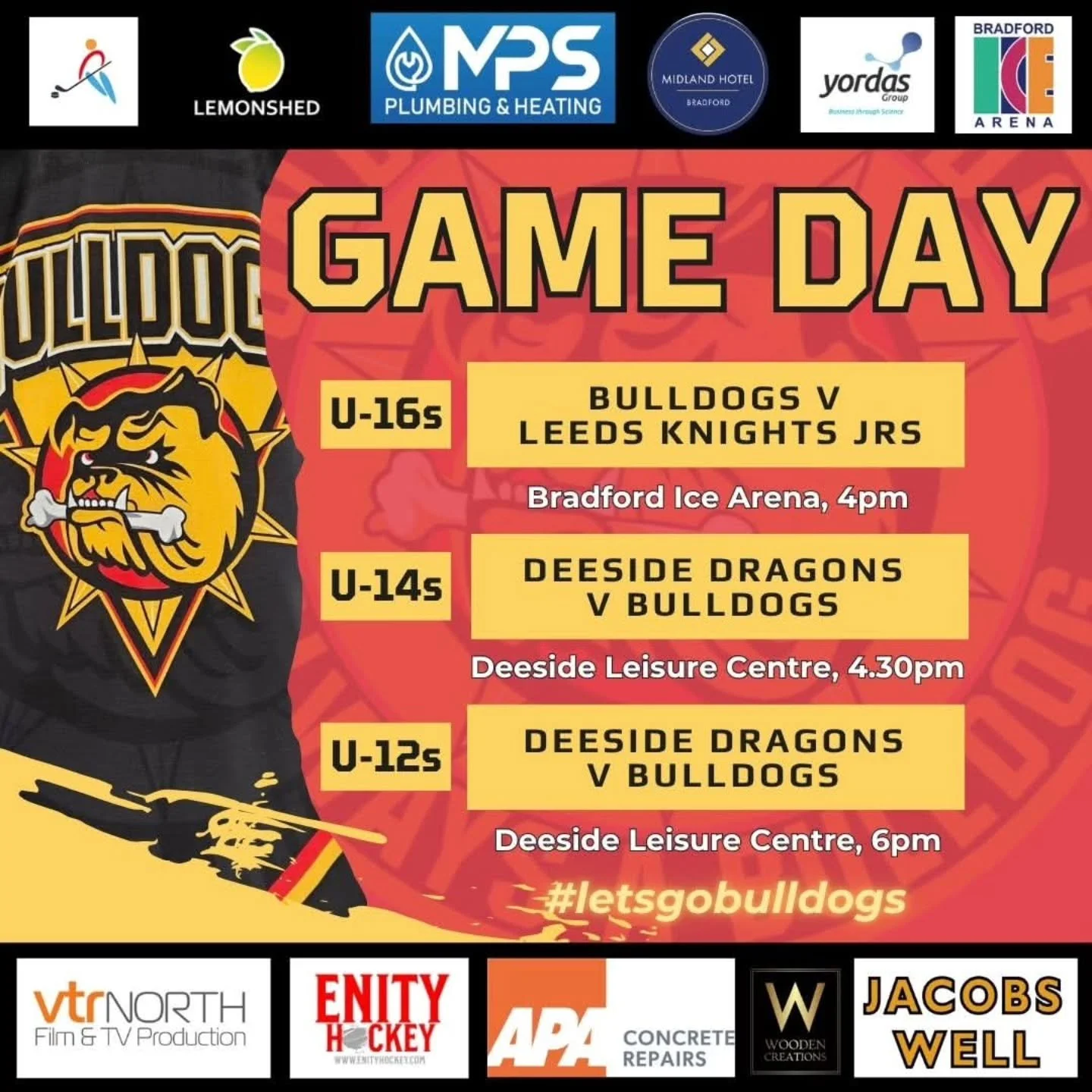 It's a busy old day for our Bulldogs' juniors section with THREE games on the book TODAY! 

🔴 4pm - Bulldogs Under-16s 🆚 Leeds Junior Knights at @bradford_ice_arena 🏒
🟡 4.30pm - Bulldogs Under-14s 🆚 @deesidejuniordragons at Deeside Leisure Centr