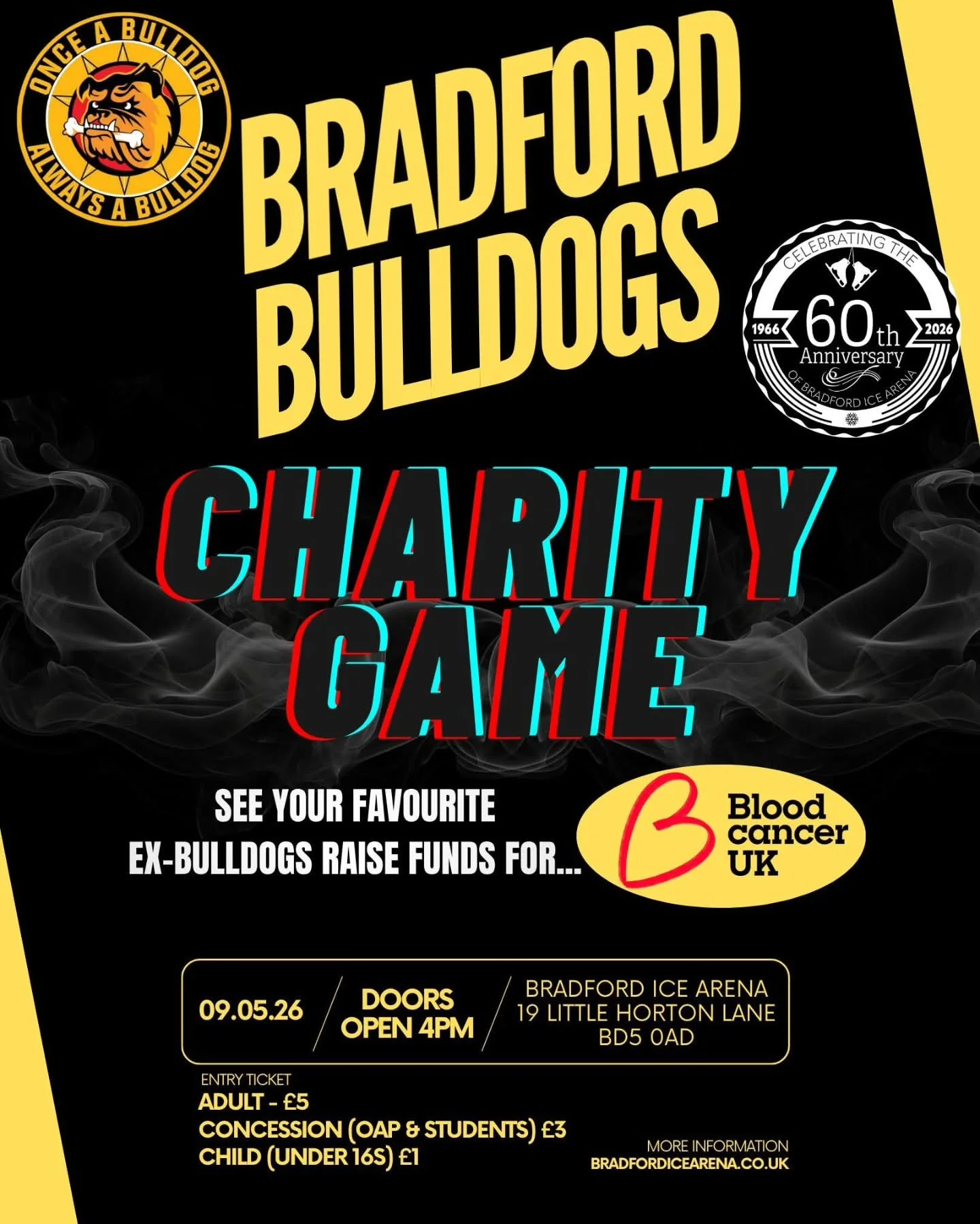 As part of @bradford_ice_arena's 60th anniversary celebrations the Bulldogs are delighted to be taking part in a Charity Fundraiser Game at 𝗧𝗵𝗲 𝗣𝗼𝘂𝗻𝗱 on May 9 - in support of @bloodcancer_uk

Every year, more than 40,000 people in the UK are 