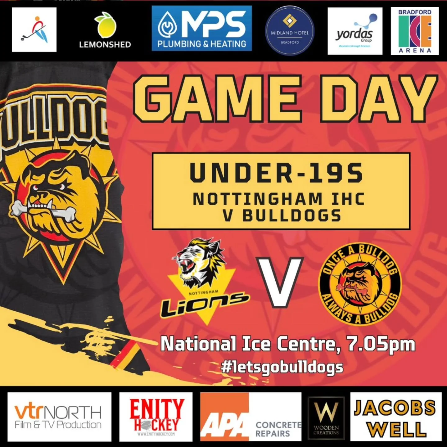 GAME DAY! 

Just the one game on the books today - our Under-19s are heading down to the National Ice Centre to take on @nottinghamicehockeyclub !

It's a 7.05pm face-off and if you're heading down there, get behind our Bulldogs! 

#letsgobulldogs🏒 