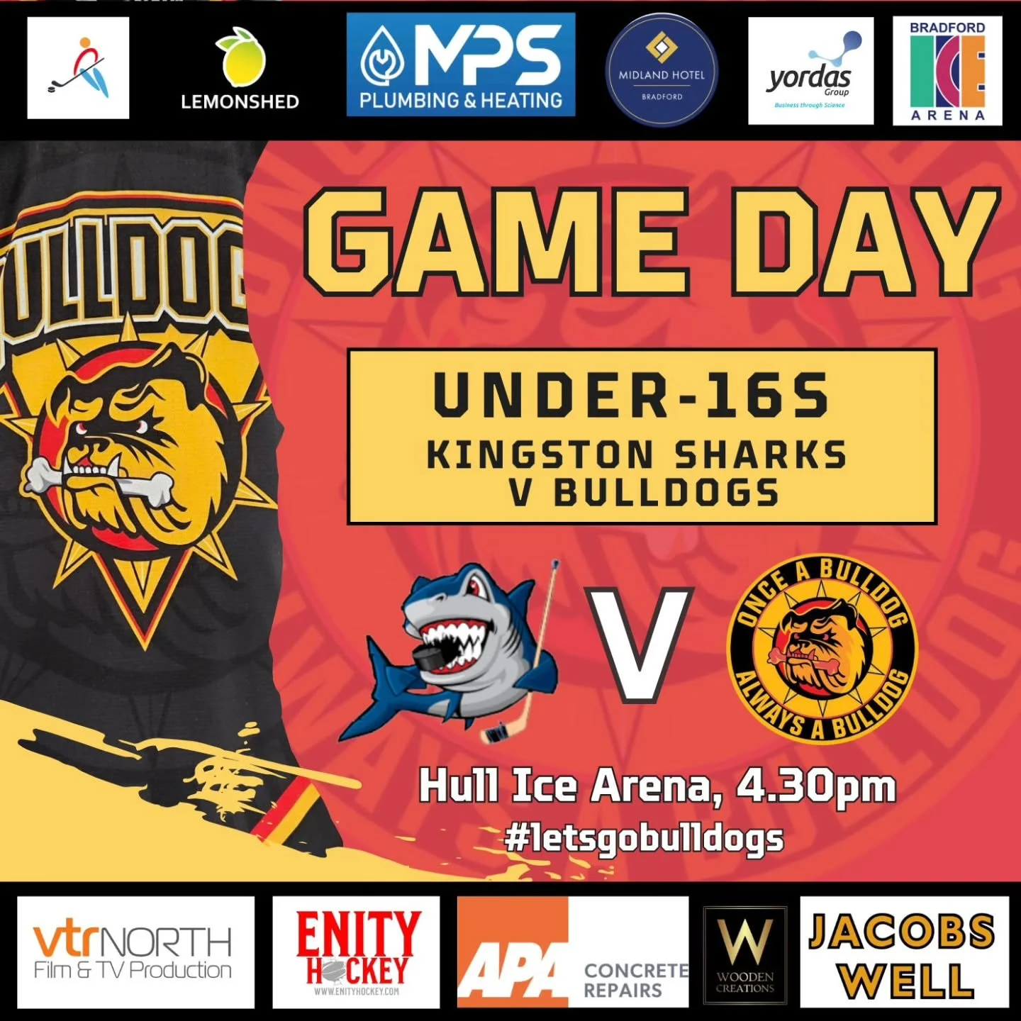 GAME DAY! 

Just the one game on the books today and it sees our Bulldogs Under-16s head east to face-off against Kingston Sharks 

🏒 Face-off is 4.30pm and if you're heading over make sure you let our pups know you're behind them all the way! 

#le