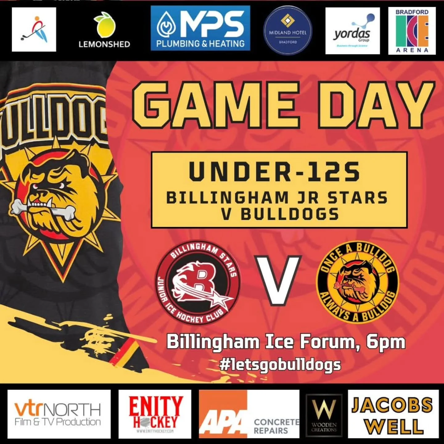 GAME DAY! 

Just the ONE game on the books today as our Bulldogs Under-12s head east to take on @billingham_junior_ihc !!

Face-off is scheduled for 6pm - have fun and enjoy pups! 

Thanks as ever to this season's Bulldogs sponsors 🙏 

@enityhockeyl