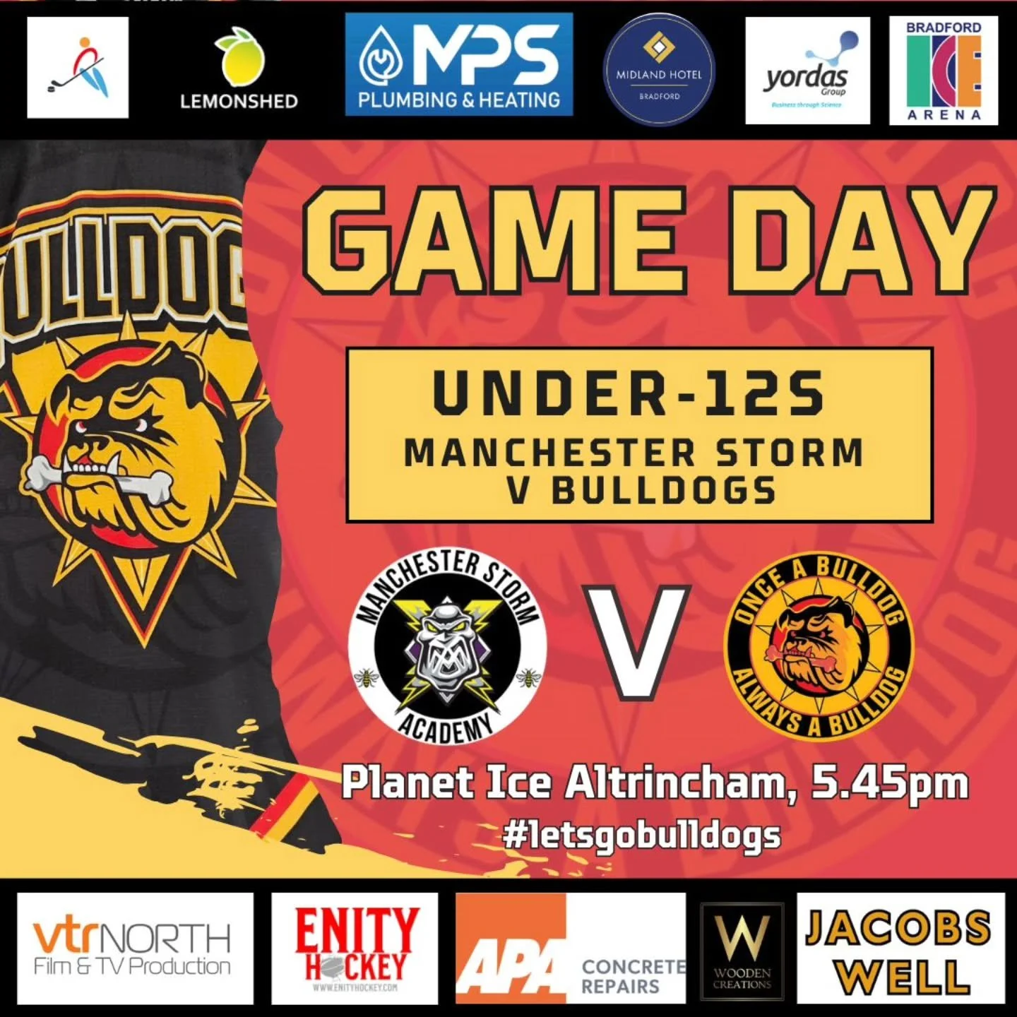 GAME DAY!! 

It is the final North One league game of the season today for our Bulldogs Under-12s! 

This time they head west for a Roses rivalry clash with Manchester Storm Academy at Planet Ice Altrincham! 

If you're heading over to watch - for a 