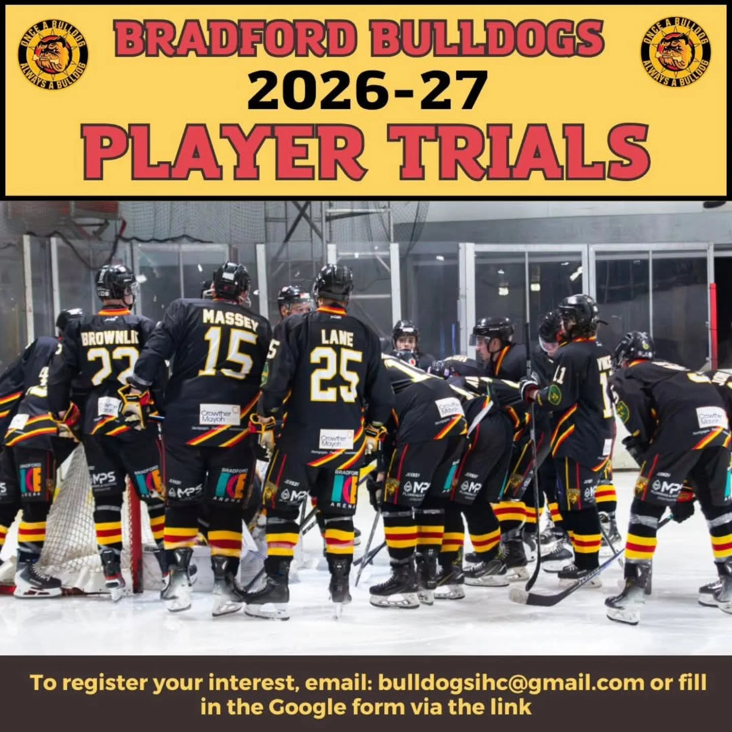 We are looking to recruit for our roster for the 2026-27 NIHL North Two season! 

Fancy adding your skill and energy to a @BulldogsNIHL team set on making the end-of-season play-offs ? 

We're holding trials at 𝗧𝗛𝗘 𝗣𝗢𝗨𝗡𝗗 in 𝗝𝗨𝗡𝗘 (dates tb