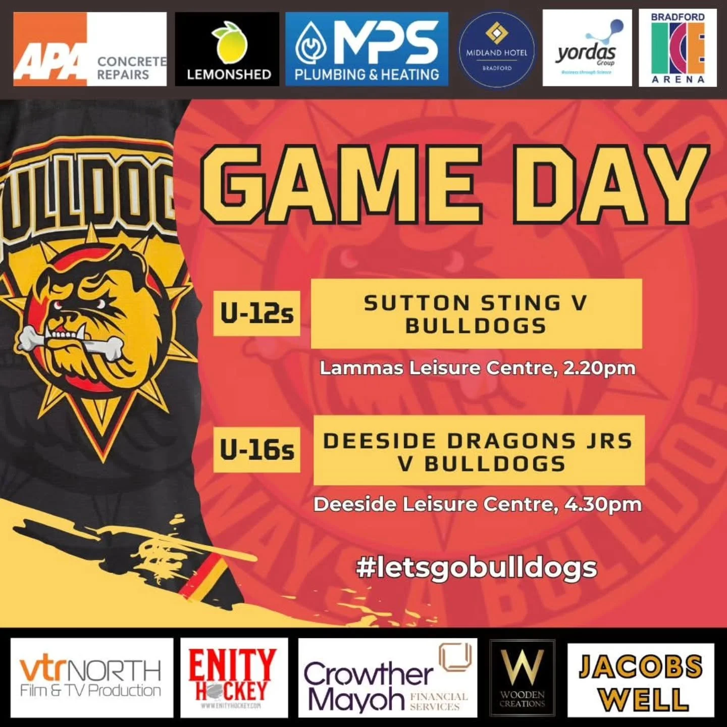 𝗚𝗔𝗠𝗘 𝗗𝗔𝗬 !! 

It's a road trip kind of day for our Bulldogs teams today!!

🏒 2.20pm - First up in a challenge game are our 𝗕𝘂𝗹𝗹𝗱𝗼𝗴𝘀 𝗨𝗻𝗱𝗲𝗿-𝟭𝟮𝘀 who head to Lammas Leisure Centre to take on Sutton Sting IHA 
Straight after, some 