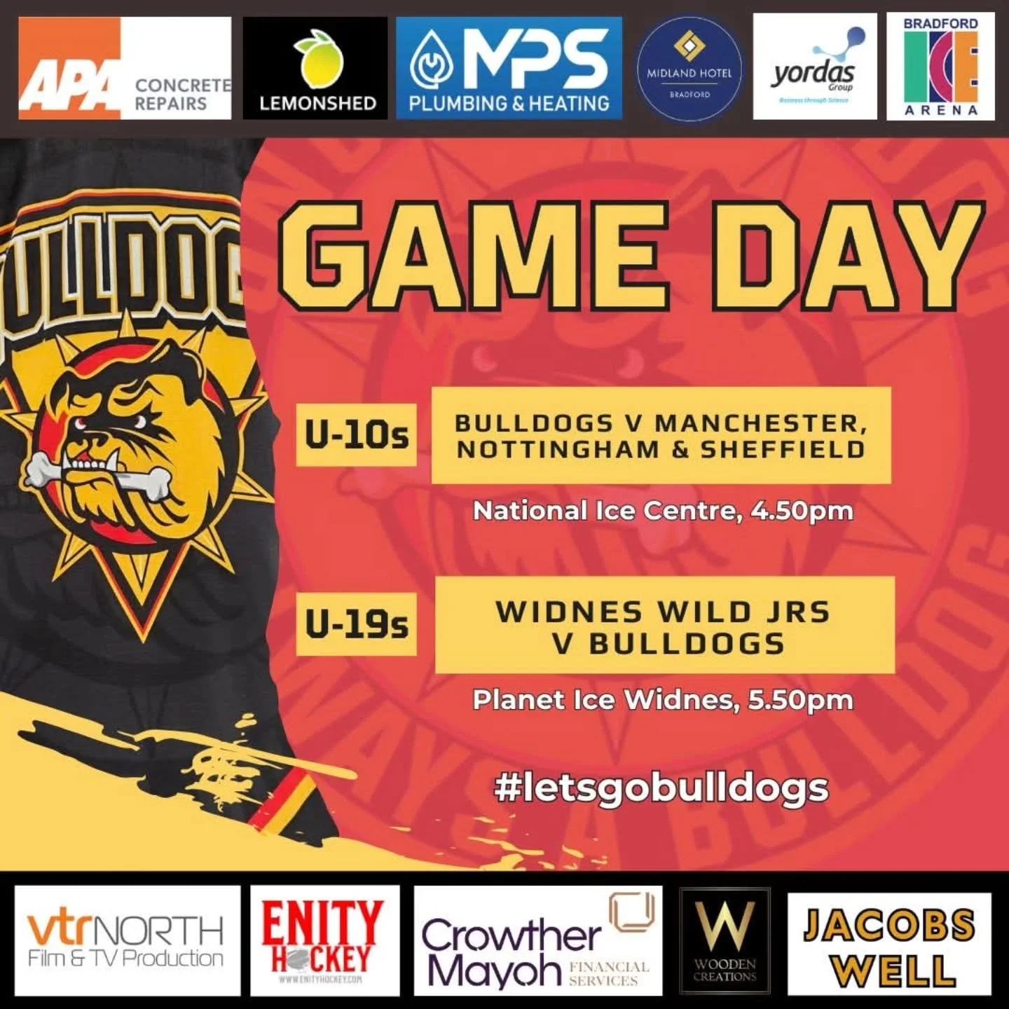 GAME DAY !! 

Two more of our Bulldogs teams in action today - again, both hitting the road! 🚌🚗 

First up are our 𝗨𝗻𝗱𝗲𝗿-𝟭𝟬𝘀 who head down to the East Midlands for their latest X-ice tournament against regular opponents @nottinghamicehockey
