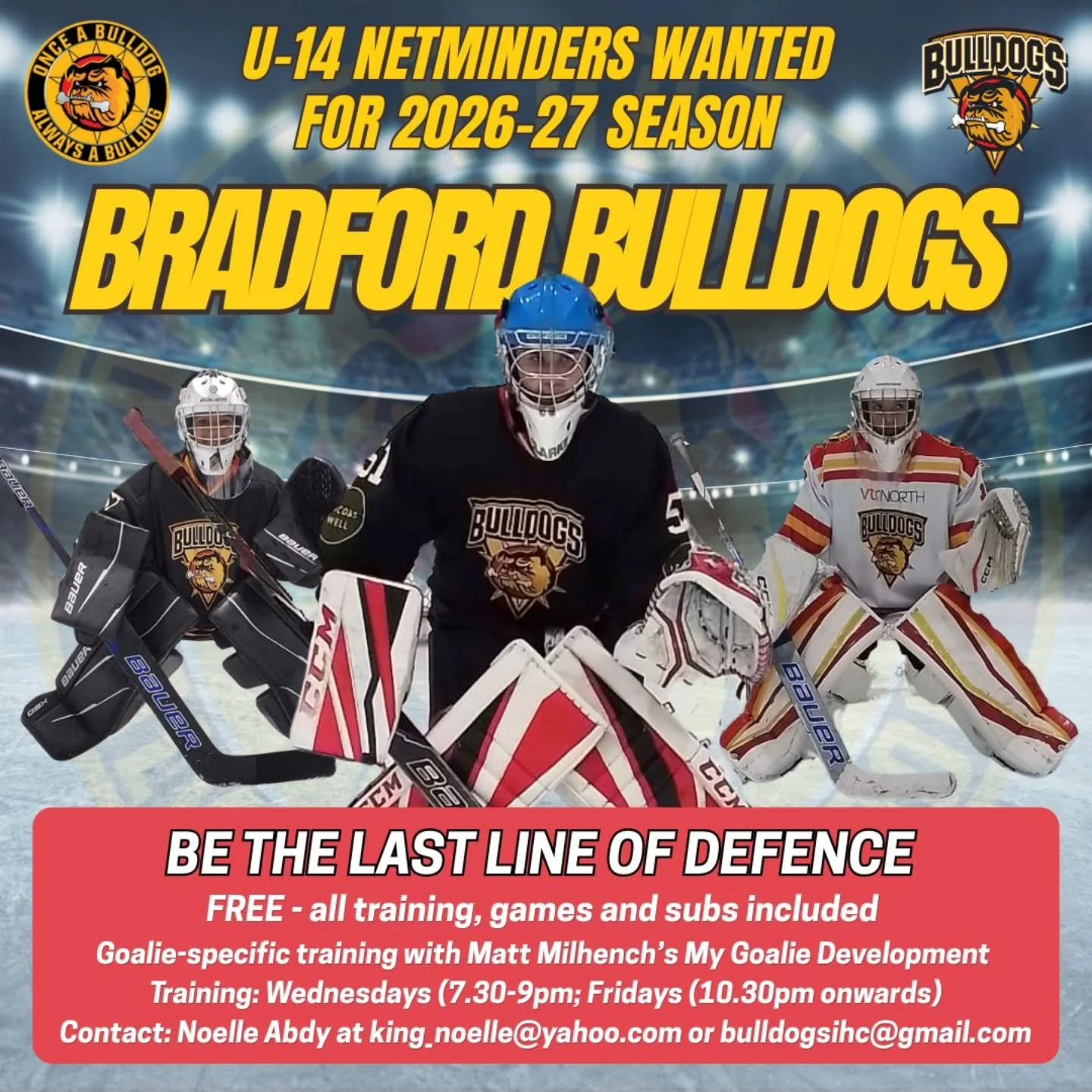 𝗡𝗘𝗧𝗠𝗜𝗡𝗗𝗘𝗥𝗦! 

🔴 Want to be the #1 player on the team? 

🟡 Want to be that last line of defence? 

⚫️ Want to pull out all the stops? 

With our goaltending duo making the step up to Under-16s for the 𝟮𝟬𝟮𝟲-𝟮𝟳 season we&rsquo;re on th